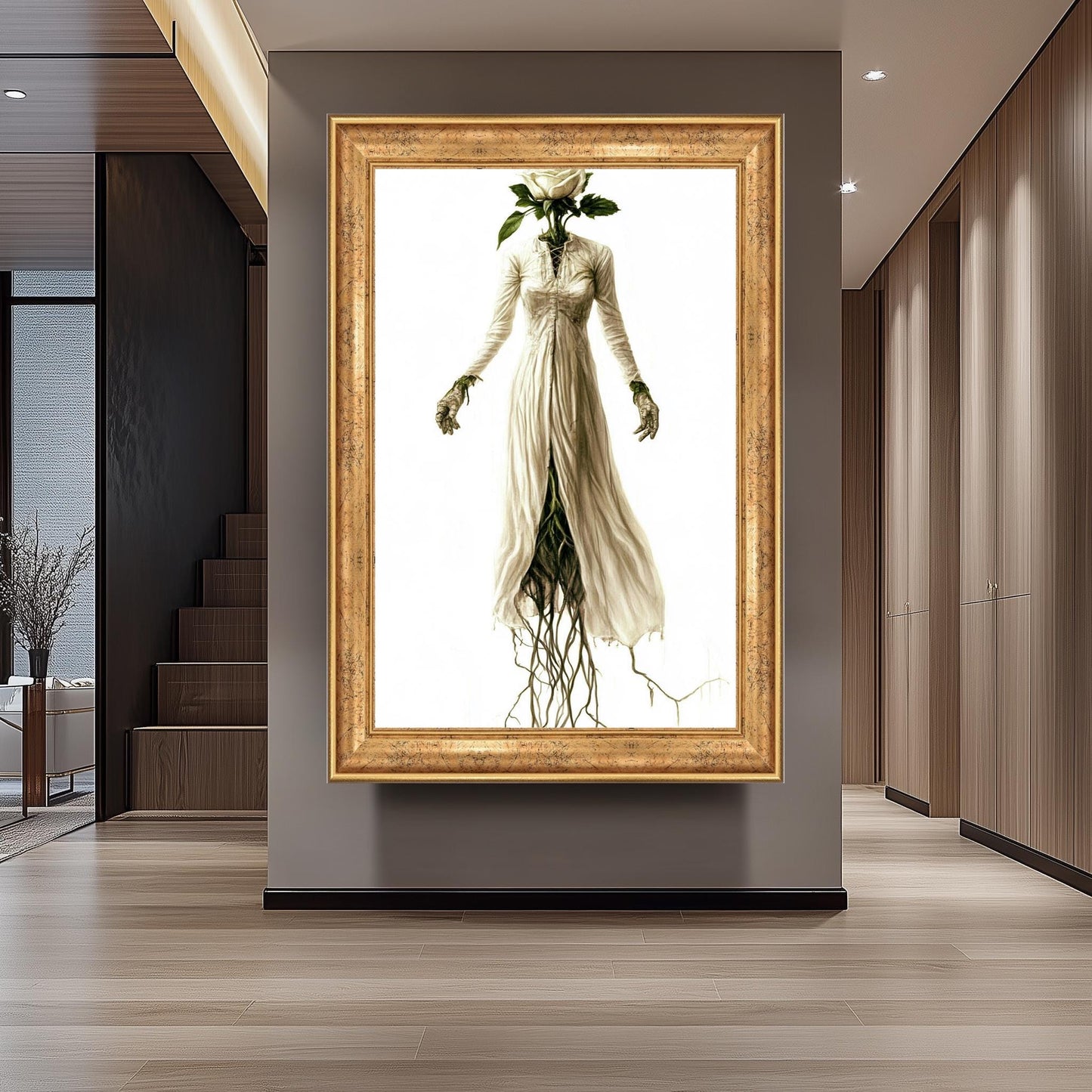 Botanical Gothic Woman Art Print: Surreal Rose Head Decor