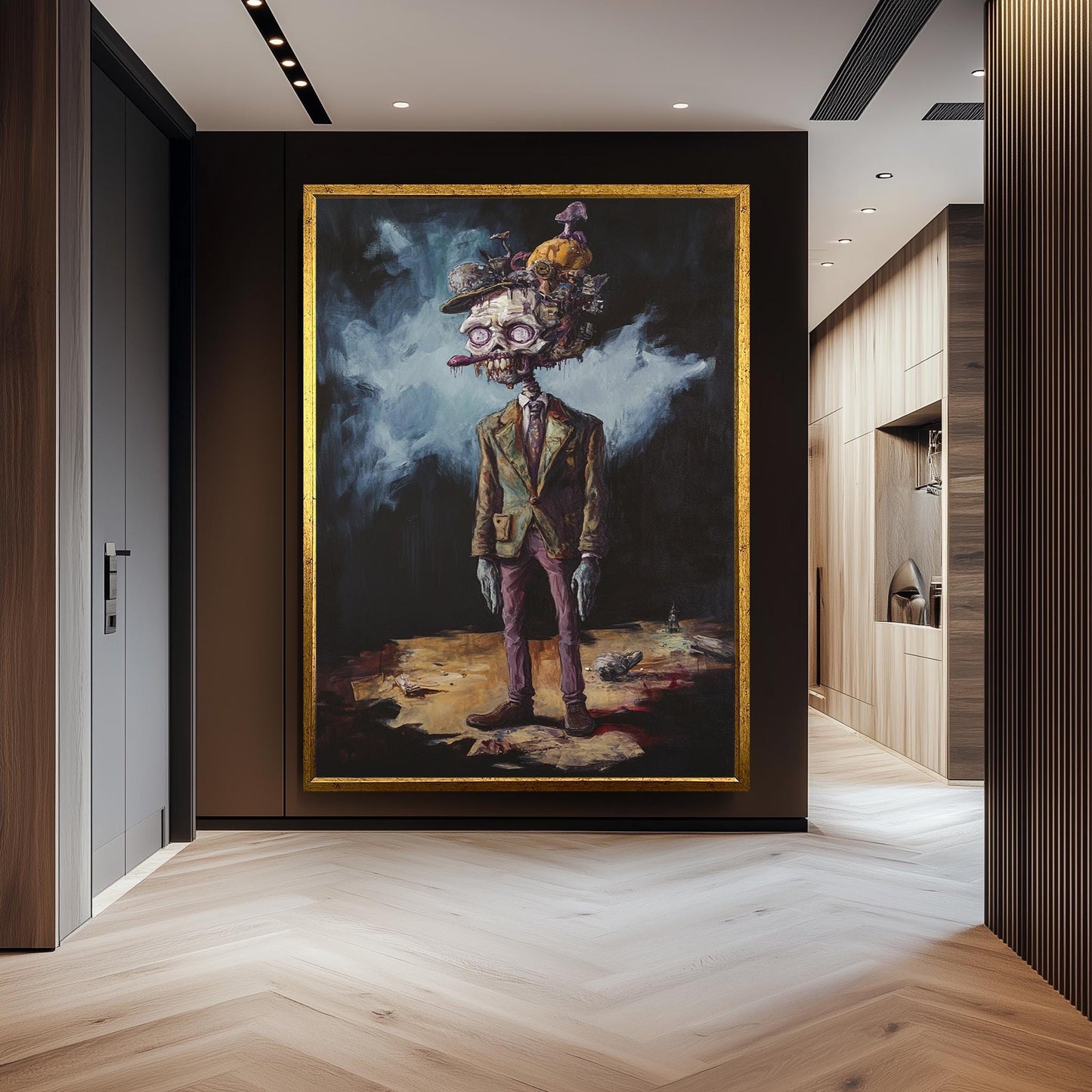 Creepy Surreal Zombie Gentleman Wall Art with Mushrooms and Trash Pile Head | Dark Fantasy Undead Character Painting for Horror Decor
