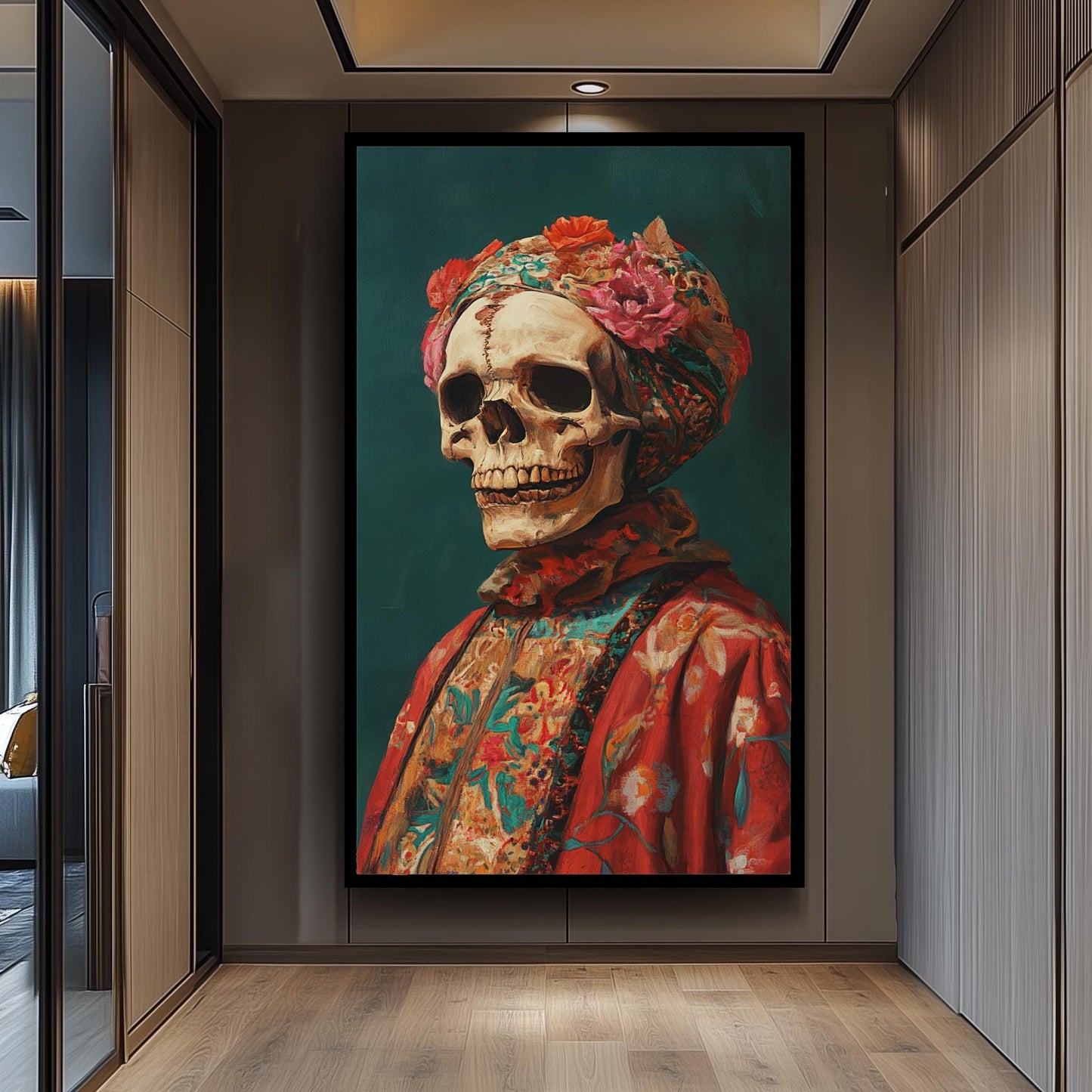 Surreal Skull Portrait Art in Vibrant Floral Clothing and Headwrap | Colorful Day of the Dead Inspired Skeleton Painting Print, Skull Art