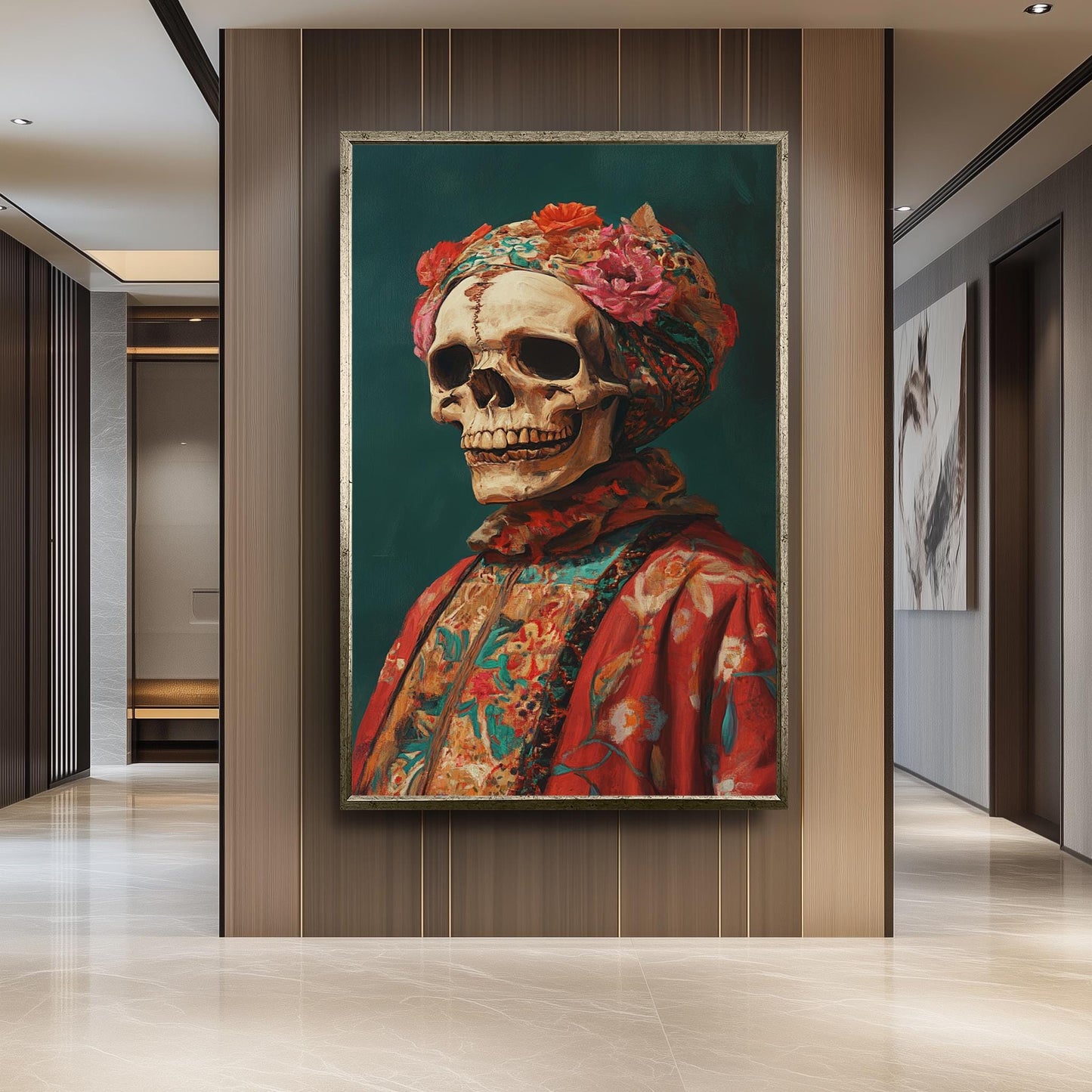 Surreal Skull Portrait Art in Vibrant Floral Clothing and Headwrap | Colorful Day of the Dead Inspired Skeleton Painting Print, Skull Art