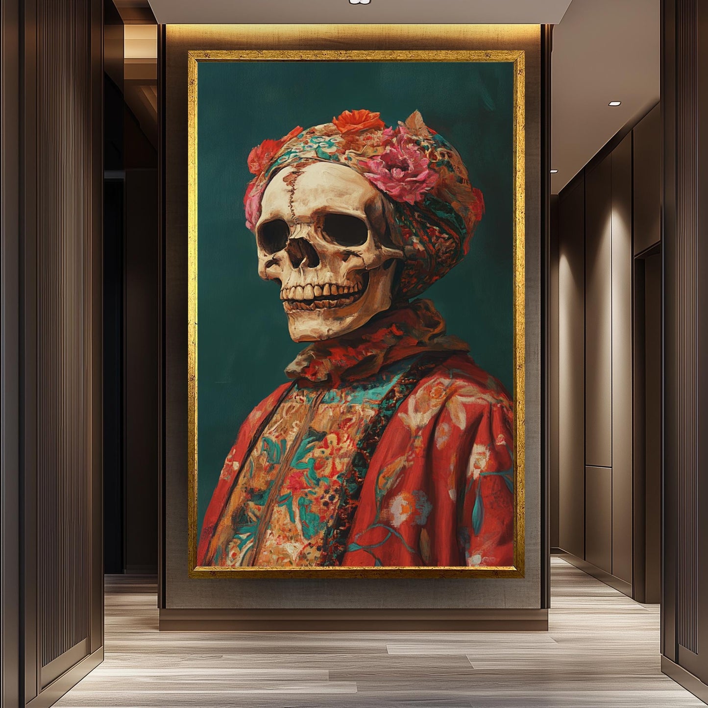 Surreal Skull Portrait Art in Vibrant Floral Clothing and Headwrap | Colorful Day of the Dead Inspired Skeleton Painting Print, Skull Art