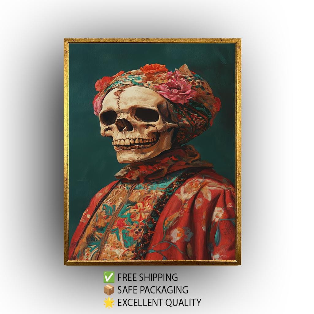 Surreal Skull Portrait Art in Vibrant Floral Clothing and Headwrap | Colorful Day of the Dead Inspired Skeleton Painting Print, Skull Art