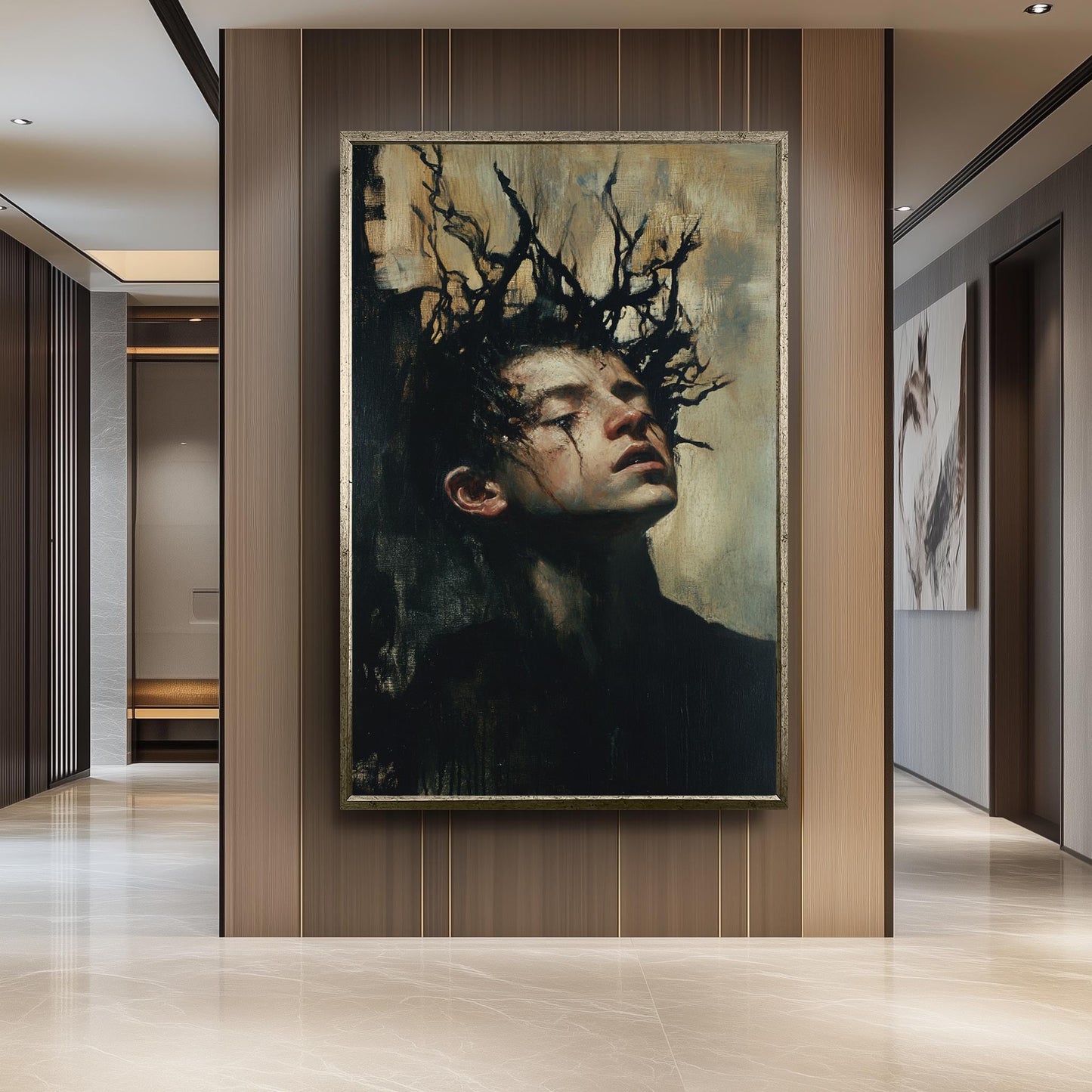 Dark Surreal Boy Portrait: Expressionist Fantasy Painting Print