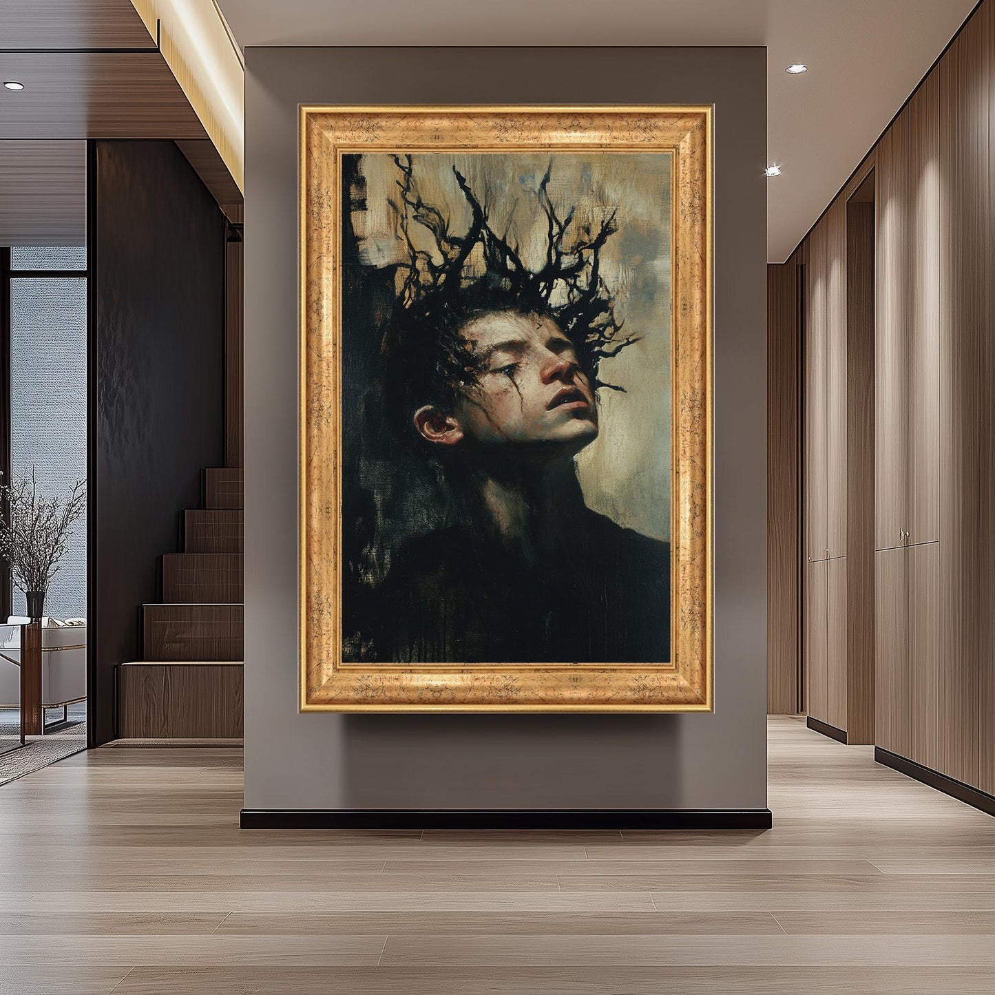 Dark Surreal Boy Portrait: Expressionist Fantasy Painting Print