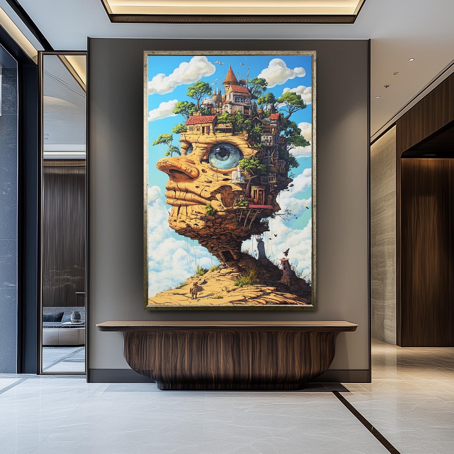 Surreal Stone Face Canvas Art: Fantasy Architecture Landscape Print