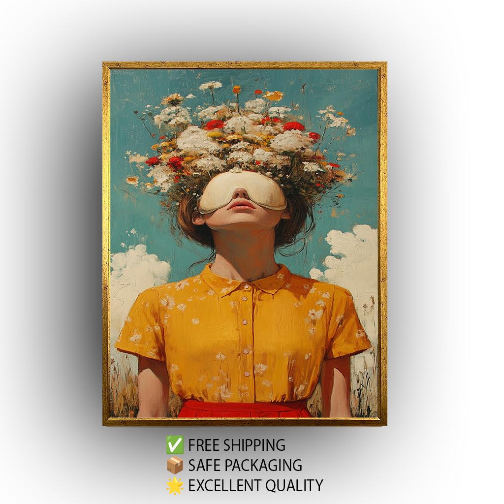 Surreal Whimsical Wall Art of Woman in Yellow Dress with Eye Mask and Blooming Flowers for Hair | Dreamy Floral Fantasy Portrait Print