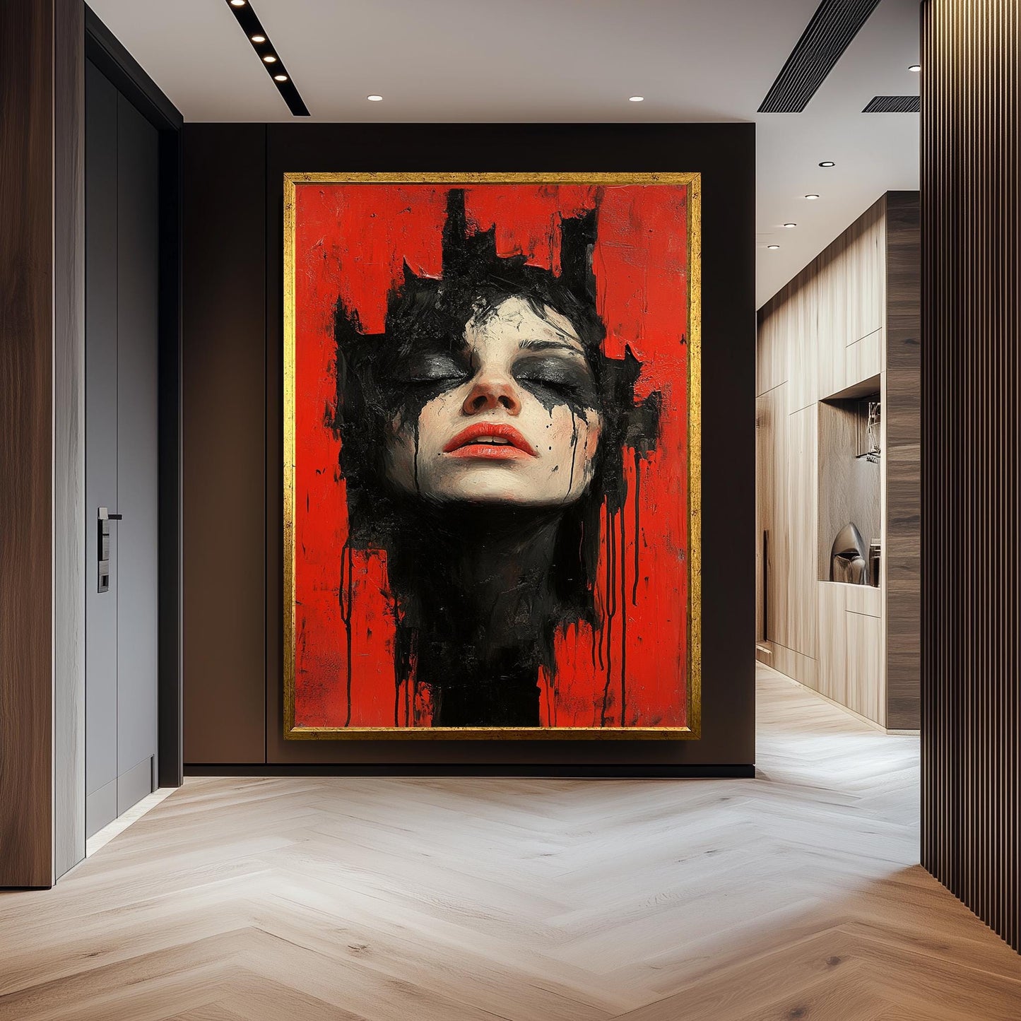 Dark Surreal Portrait Wall Art of Woman with Black Paint Tears on Red Background | Emotional Gothic Expressionist Painting Print, Dark Print