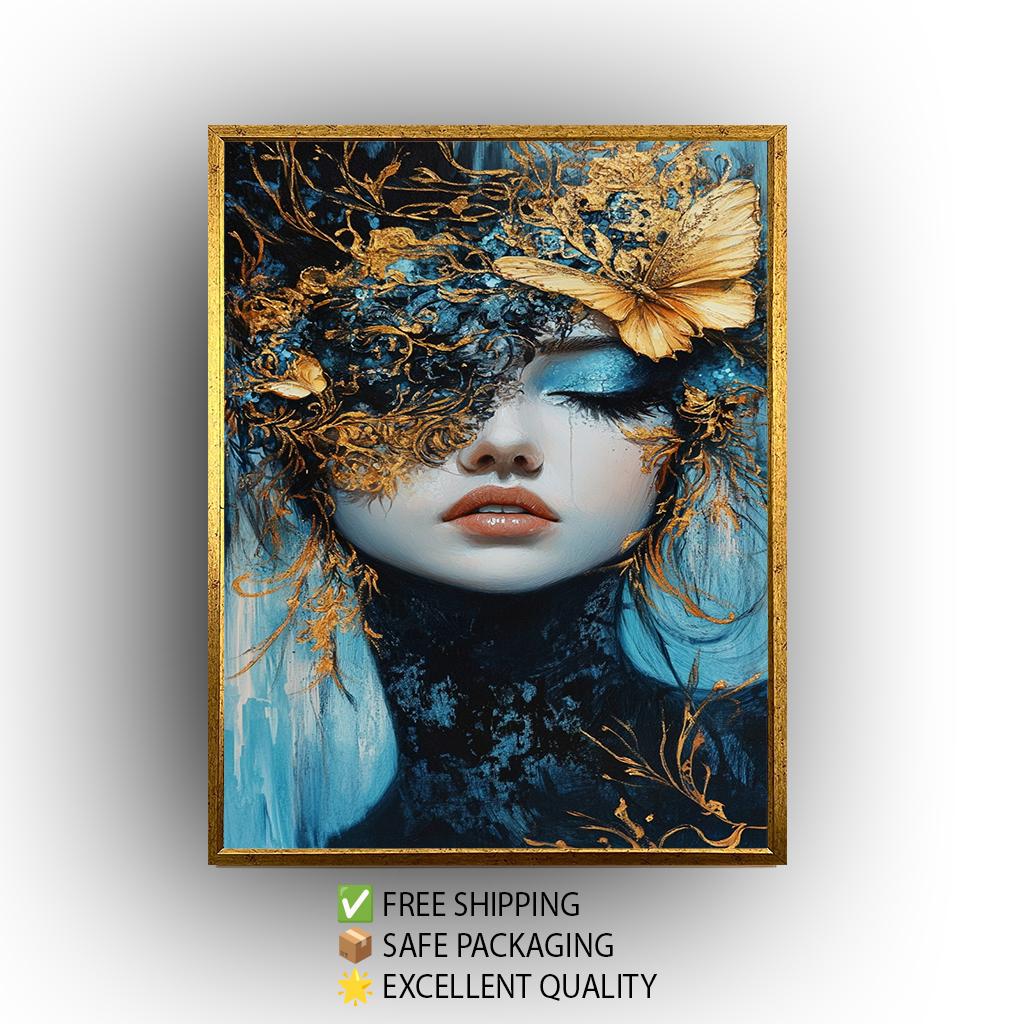 Elegant Surreal Wall Art of Woman with Gold Butterfly Mask and Blue Tones | Fantasy Portrait with Luxe Metallic Accents and Dreamlike Beauty