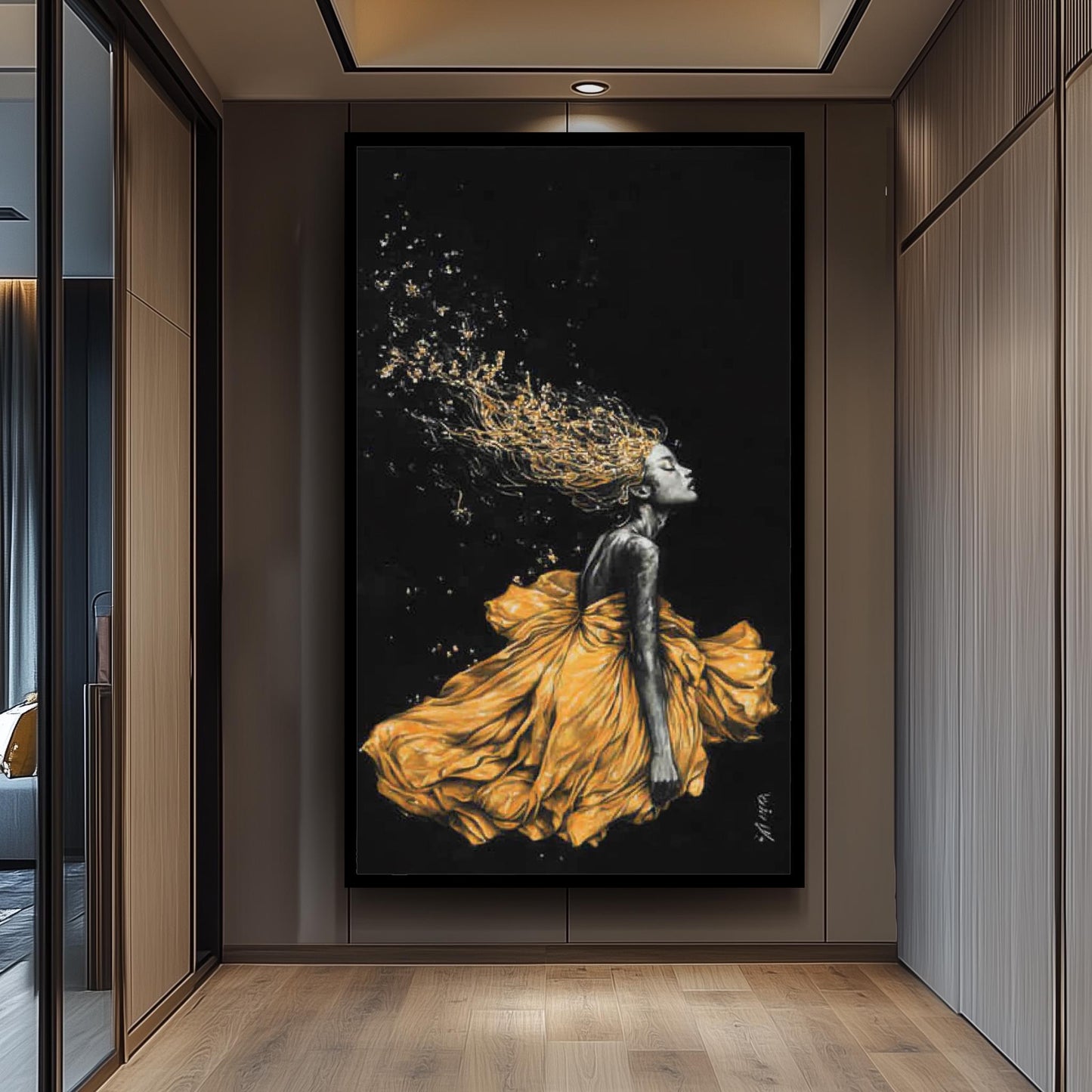 Golden Woen Wall Art - Black and Gold Feminine Painting - Luxury Woman Canvas Print - Modern Abstract Fashion Artwork, Woman Home Decor
