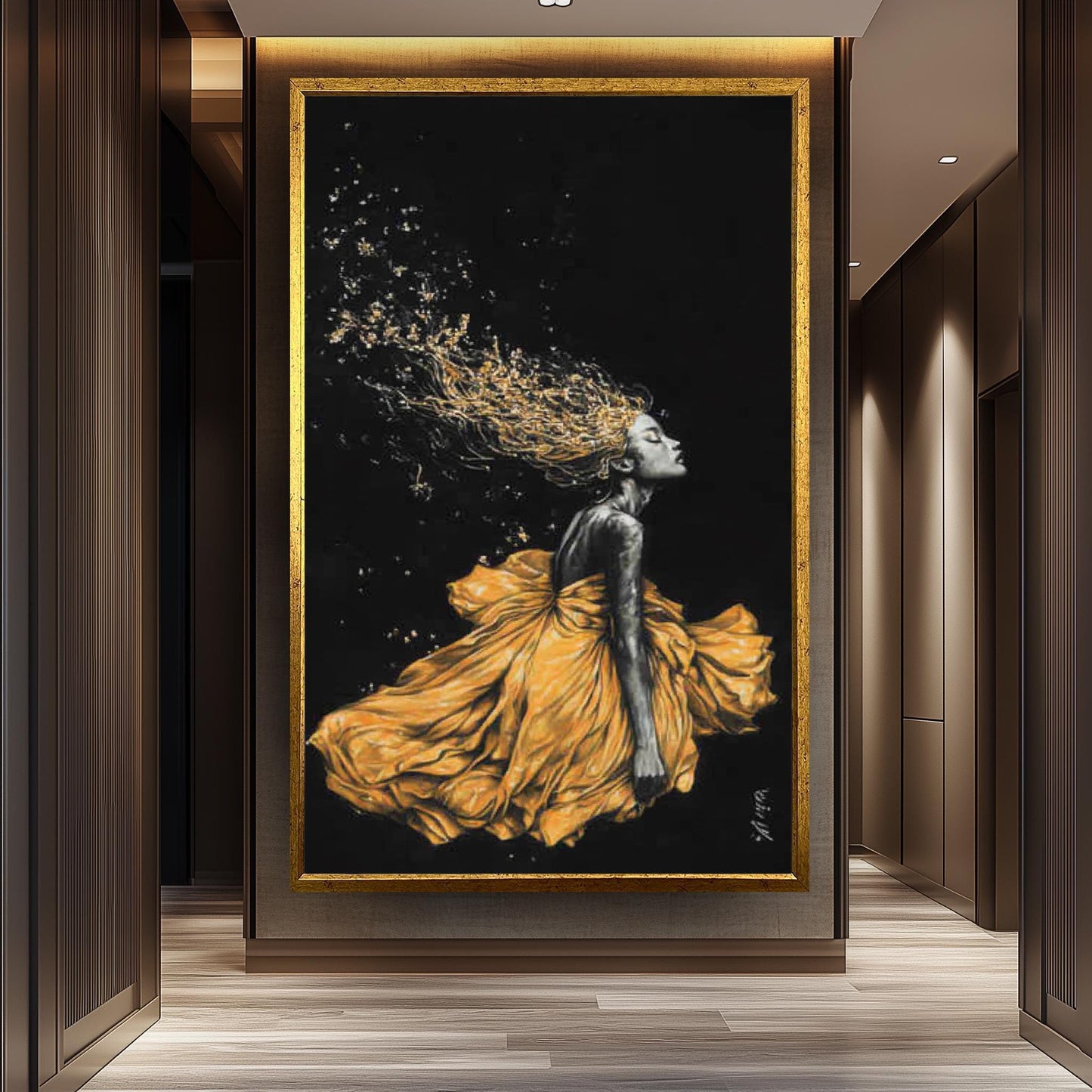 Golden Woen Wall Art - Black and Gold Feminine Painting - Luxury Woman Canvas Print - Modern Abstract Fashion Artwork, Woman Home Decor