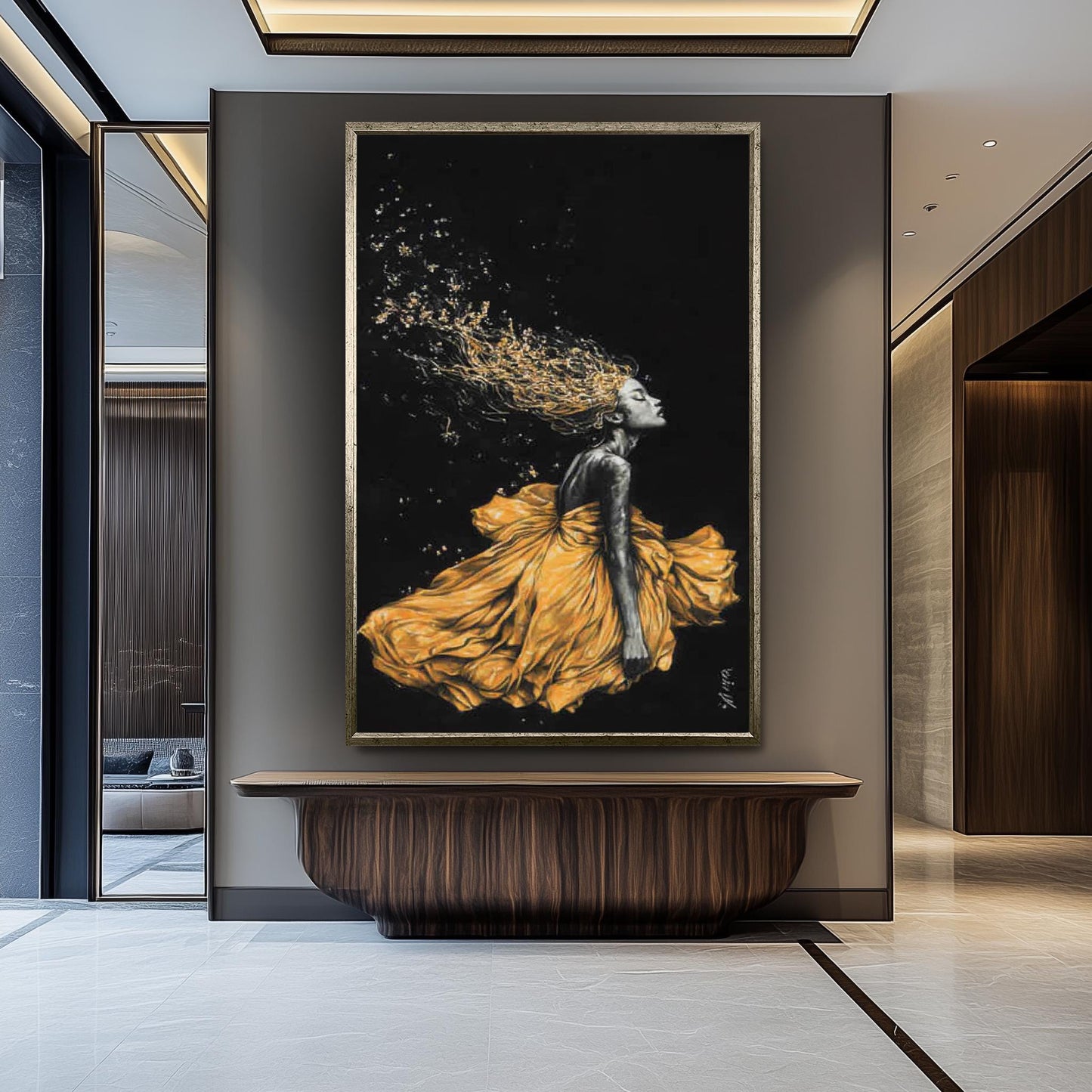 Golden Woen Wall Art - Black and Gold Feminine Painting - Luxury Woman Canvas Print - Modern Abstract Fashion Artwork, Woman Home Decor