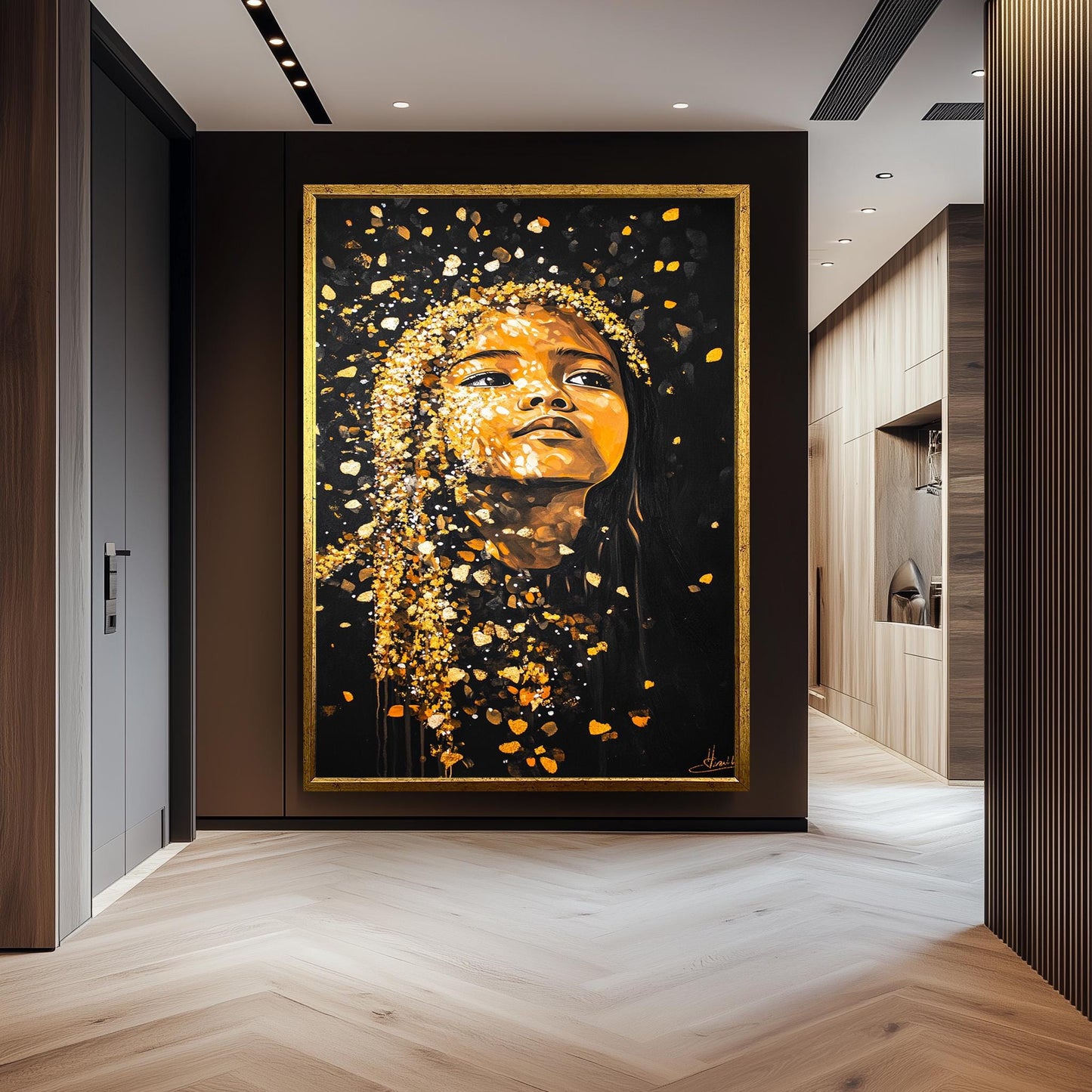 Golden Girl Wall Art - Black and Gold Portrait Painting - Abstract Feminine Canvas Print Women Modern Home Decor - Women Wall Decor