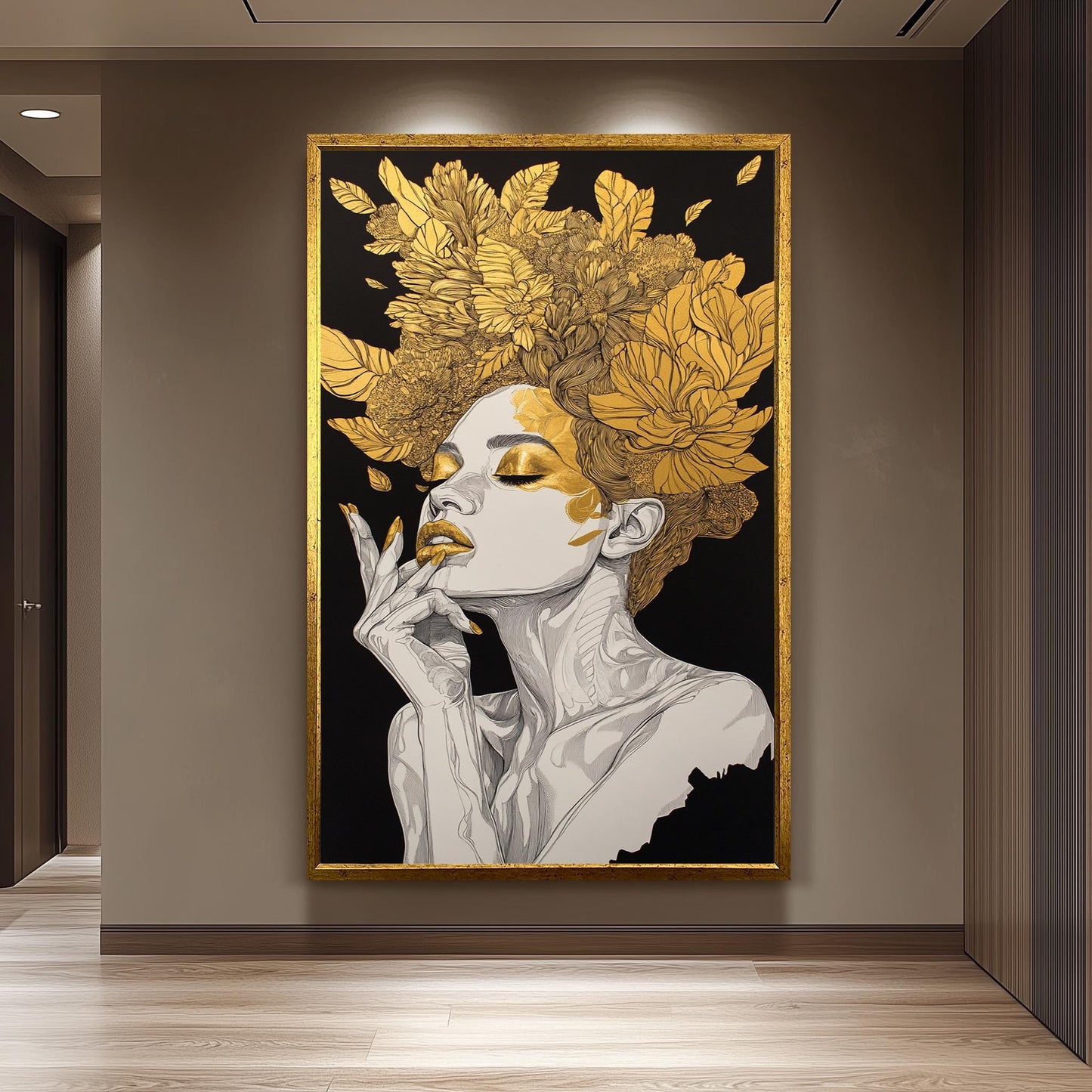 Golden Floral Woman Wall Art, Black and Gold Feminine Portrait, Luxury Canvas Print, Modern Glam Home Decor, Gold Woman Decor, Woman art