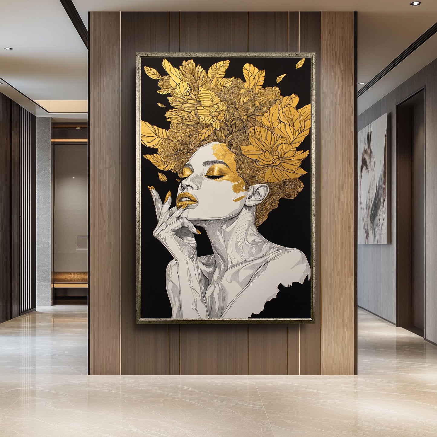 Golden Floral Woman Wall Art, Black and Gold Feminine Portrait, Luxury Canvas Print, Modern Glam Home Decor, Gold Woman Decor, Woman art