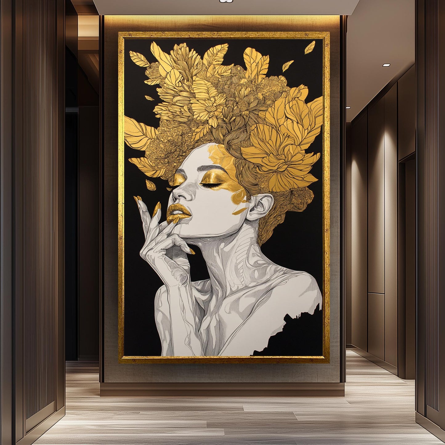 Golden Floral Woman Wall Art, Black and Gold Feminine Portrait, Luxury Canvas Print, Modern Glam Home Decor, Gold Woman Decor, Woman art