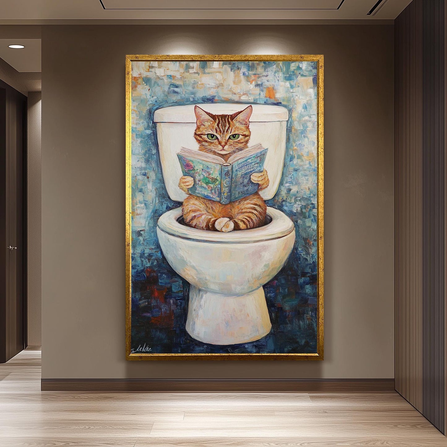 Funny Cat Bathroom Wall Art, Whimsical Cat Reading Painting, Quirky Toilet Humor Canvas Print, Playful Feline Decor, Unique Bathroom Artwork