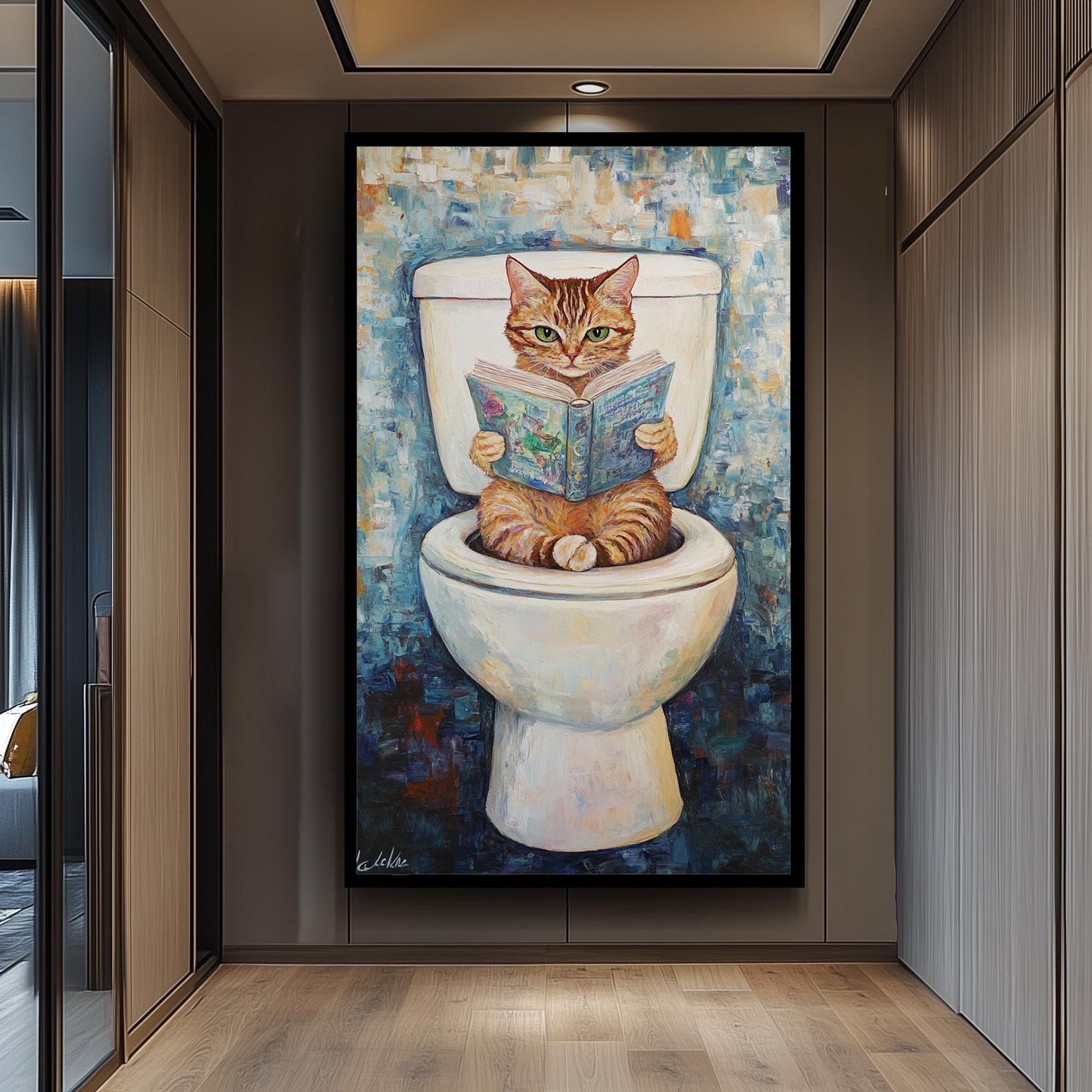 Funny Cat Bathroom Wall Art, Whimsical Cat Reading Painting, Quirky Toilet Humor Canvas Print, Playful Feline Decor, Unique Bathroom Artwork