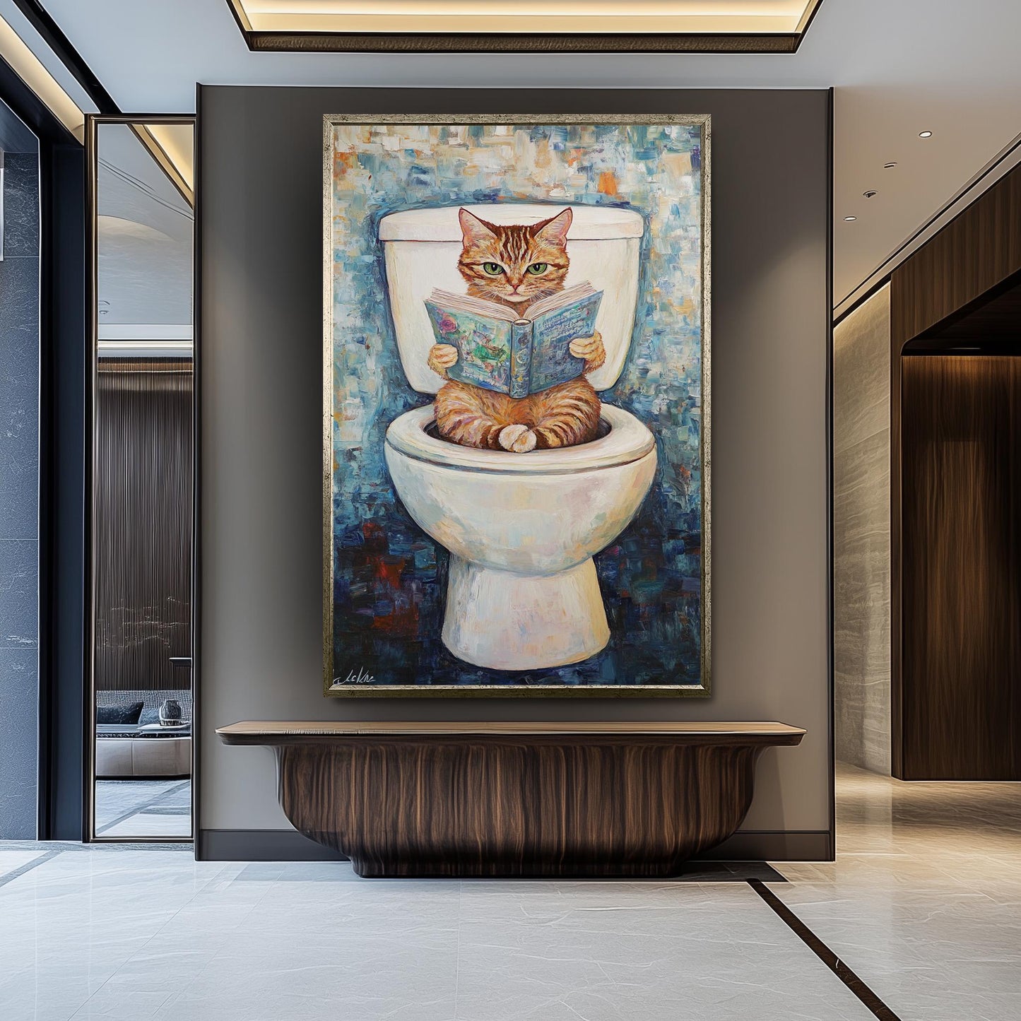 Funny Cat Bathroom Wall Art, Whimsical Cat Reading Painting, Quirky Toilet Humor Canvas Print, Playful Feline Decor, Unique Bathroom Artwork