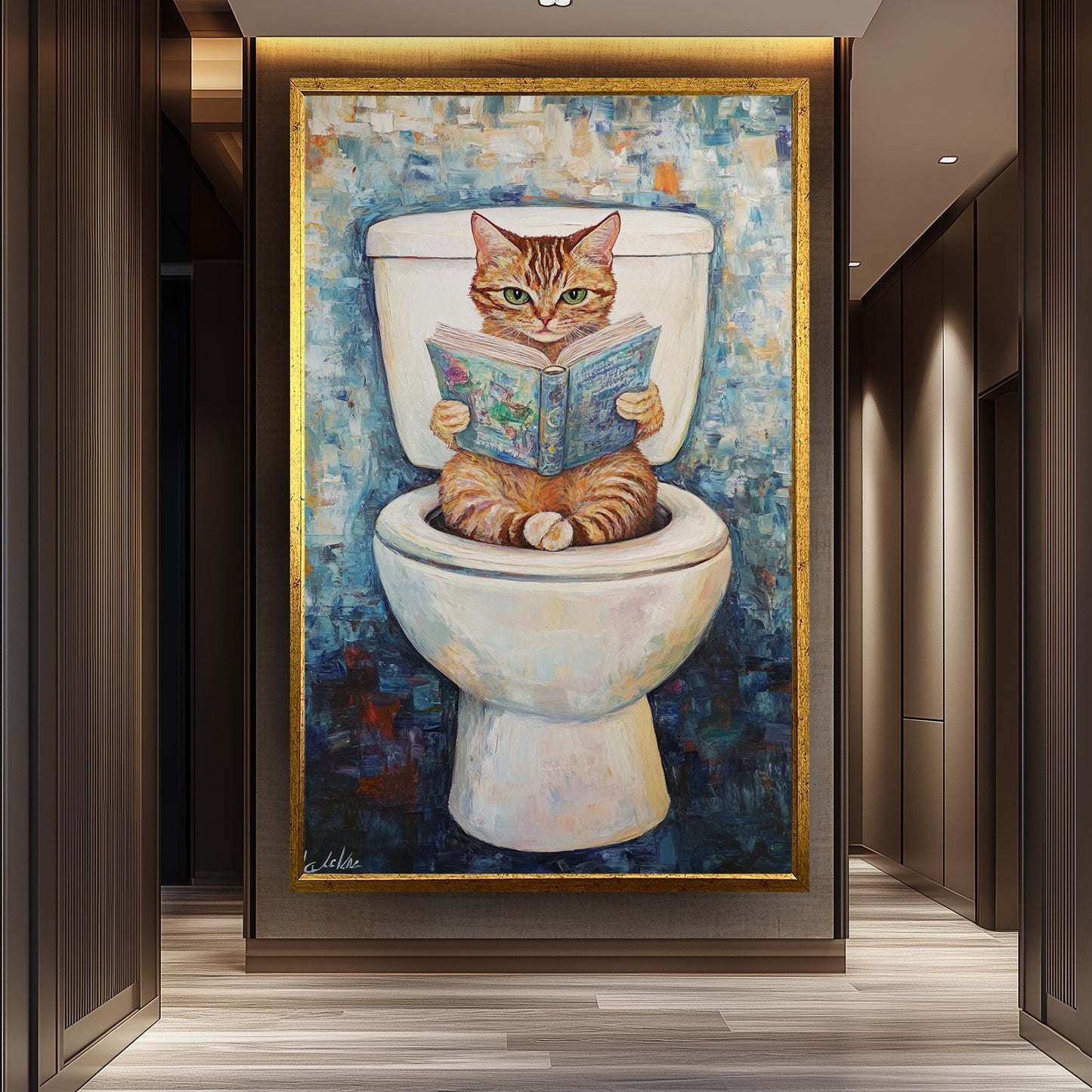 Funny Cat Bathroom Wall Art, Whimsical Cat Reading Painting, Quirky Toilet Humor Canvas Print, Playful Feline Decor, Unique Bathroom Artwork
