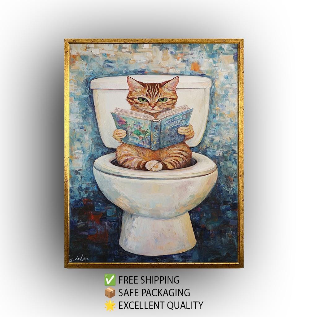 Funny Cat Bathroom Wall Art, Whimsical Cat Reading Painting, Quirky Toilet Humor Canvas Print, Playful Feline Decor, Unique Bathroom Artwork