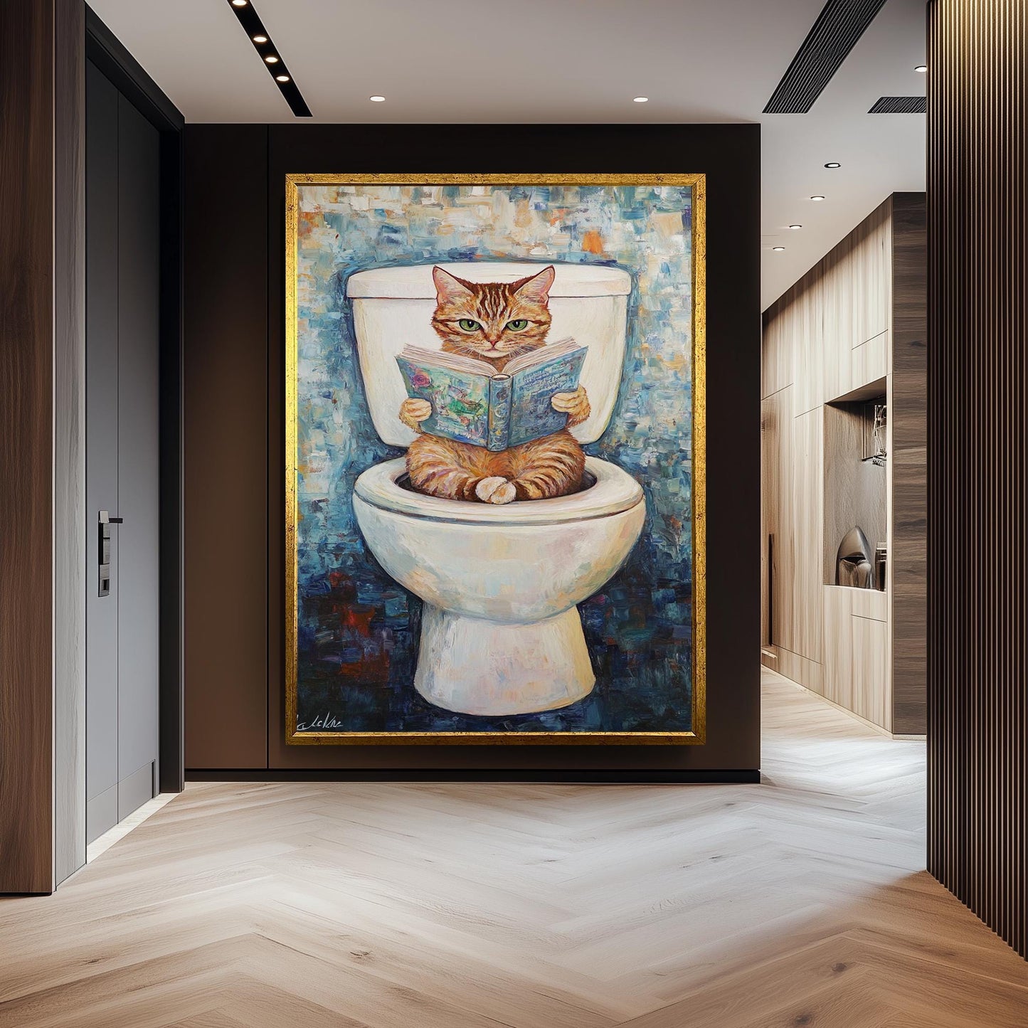 Funny Cat Bathroom Wall Art, Whimsical Cat Reading Painting, Quirky Toilet Humor Canvas Print, Playful Feline Decor, Unique Bathroom Artwork