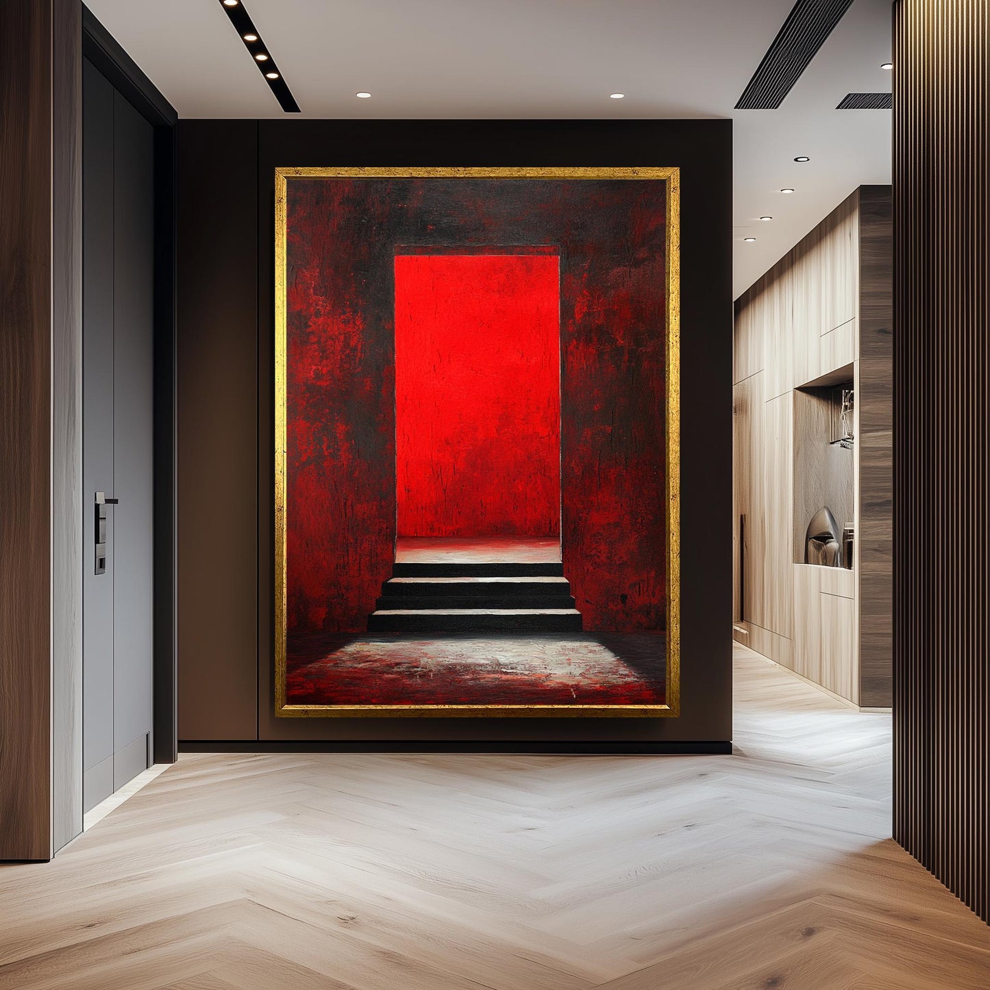 Modern Abstract Red Doorway Wall Art on Canvas, Dark Staircase and Red Light Painting, Gothic Minimalist Home Decor Wall Hanging, Gothic Art