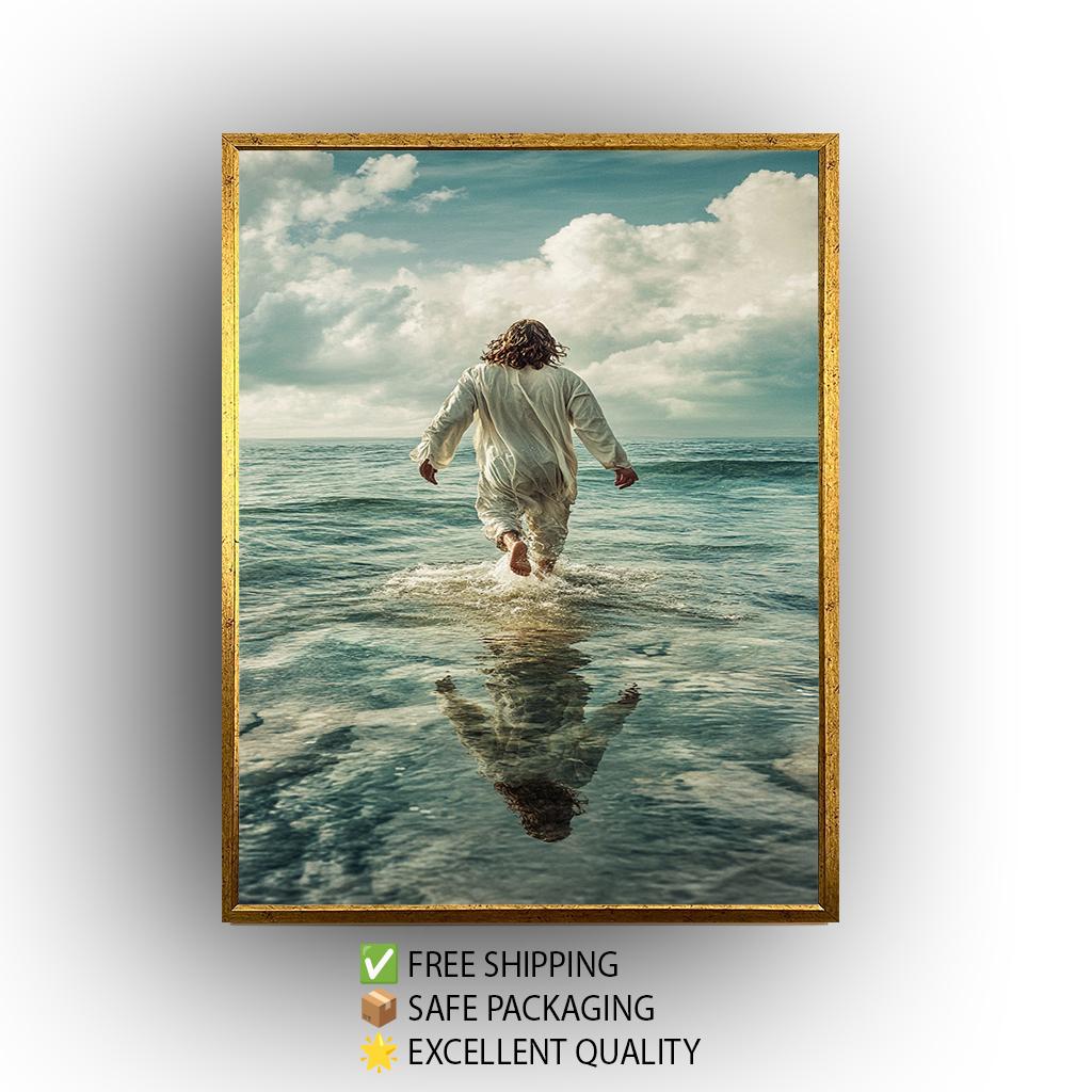 Jesus Walking on Water Artwork, Inspirational Christian Wall Art, Spiritual Ocean Print, Faith-Based Religious Painting, Divine Home Decor