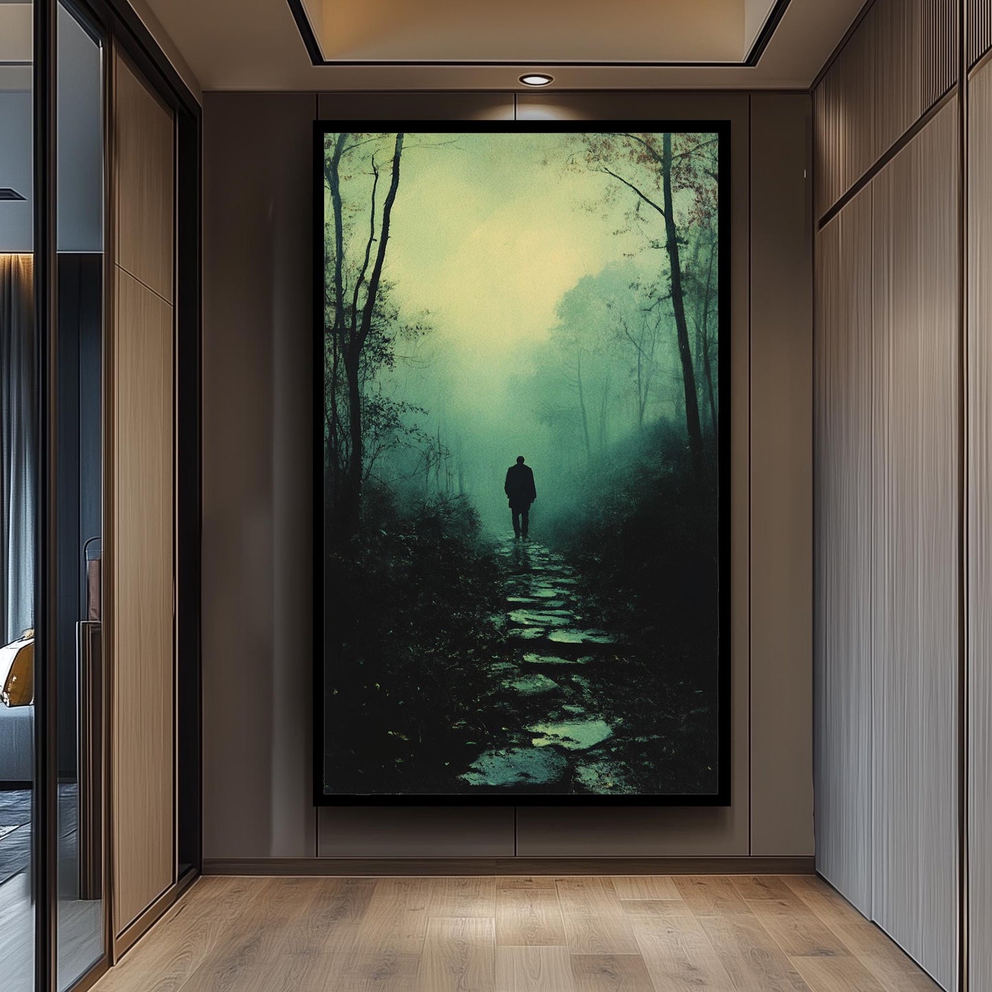 Mysterious Figure in Foggy Forest, Moody Atmospheric Artwork, Dark Aesthetic Wall Art, Solitary Man Walking, Vintage Noir Landscape Print