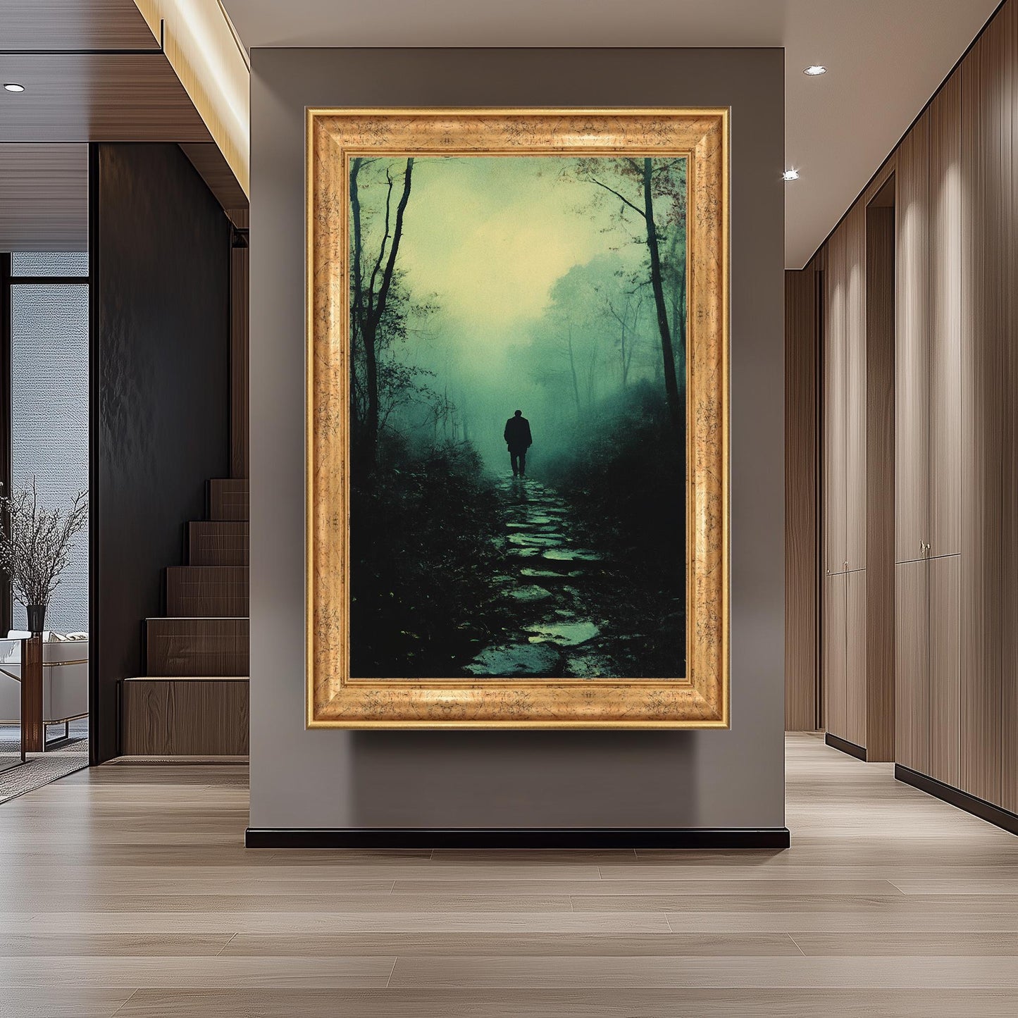 Mysterious Figure in Foggy Forest, Moody Atmospheric Artwork, Dark Aesthetic Wall Art, Solitary Man Walking, Vintage Noir Landscape Print