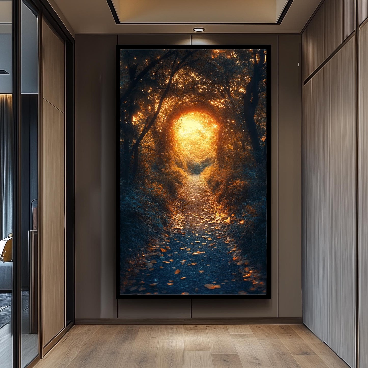 Enchanted Forest Pathway, Mystical Golden Light Artwork, Dreamy Woodland Scene, Fantasy Nature Wall Art, Magical Autumn Glow Print Nature