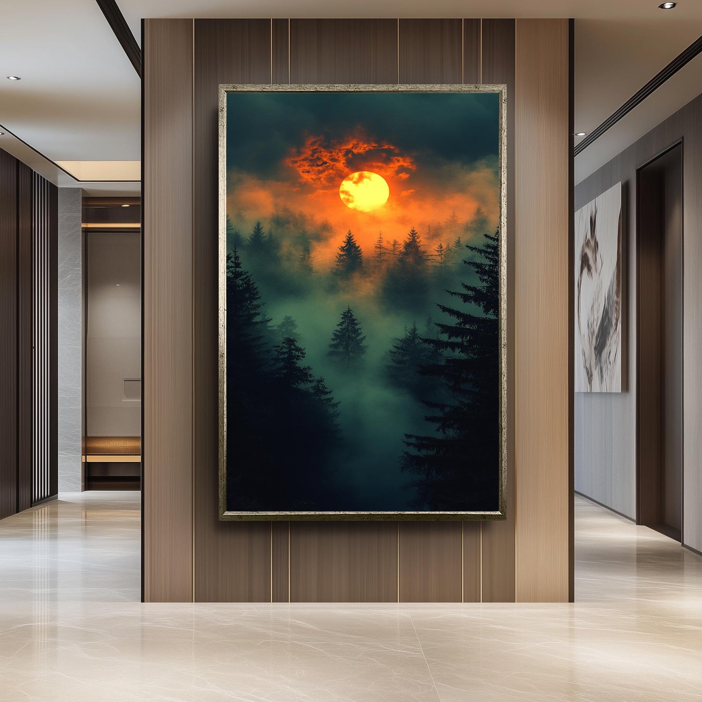 Mystical Sunset Over Foggy Forest, Dramatic Nature Wall Art, Enchanted Woodland Landscape, Moody Atmospheric Print, Dark Fantasy Decor