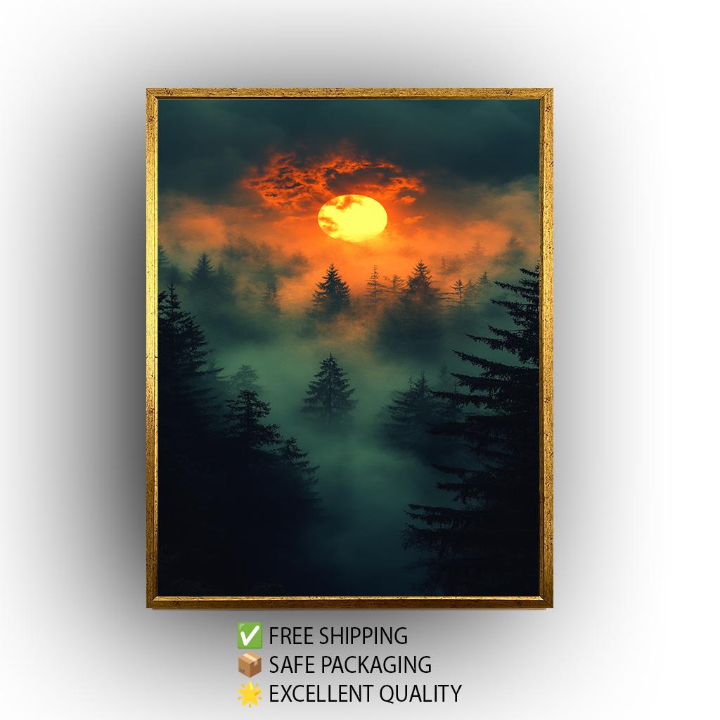 Mystical Sunset Over Foggy Forest, Dramatic Nature Wall Art, Enchanted Woodland Landscape, Moody Atmospheric Print, Dark Fantasy Decor