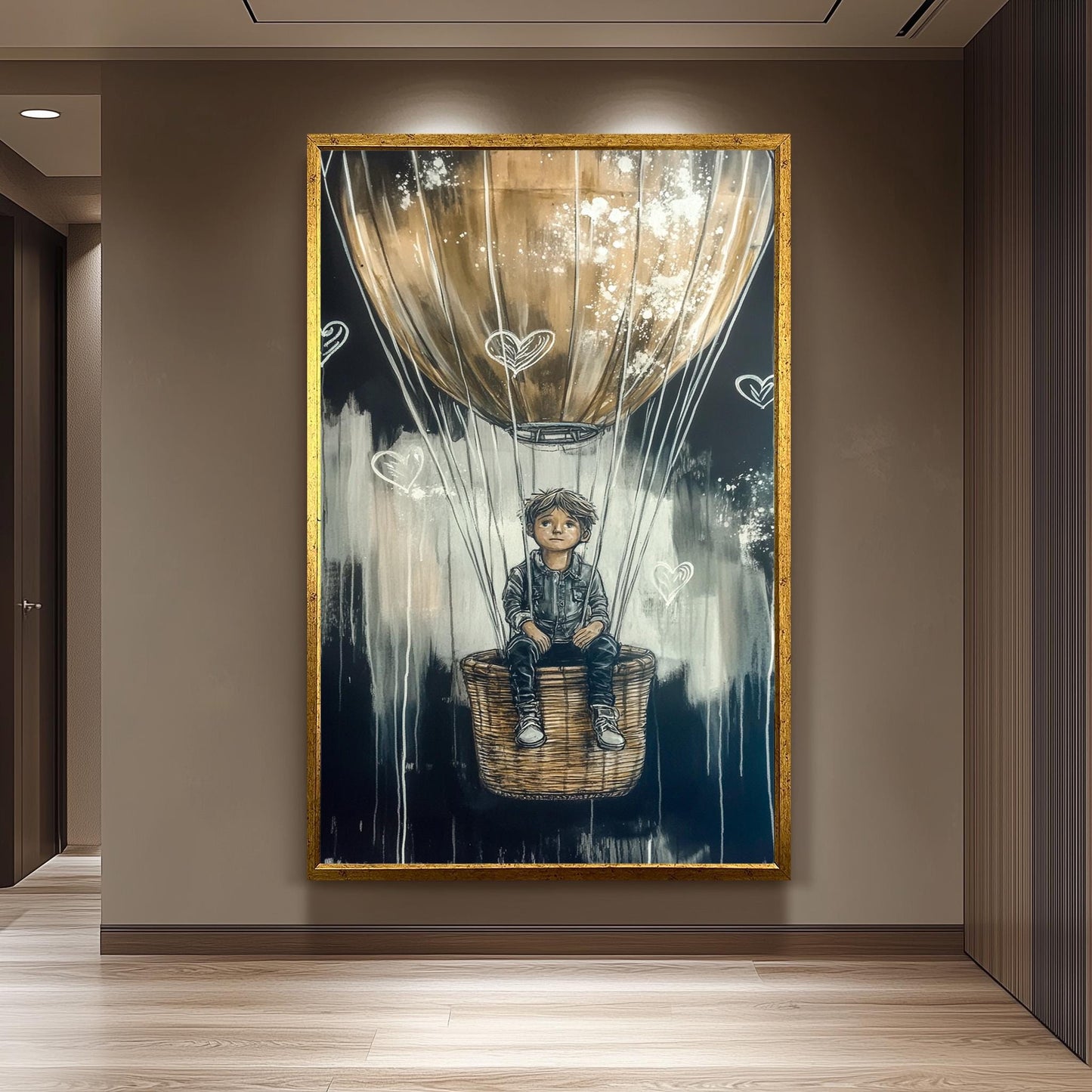 Graffiti-Style Hot Air Balloon Art, Dreamy Adventure Wall Decor , Boy in Balloon Painting, Black and Gold Fantasy Artwork, Urban Street Art