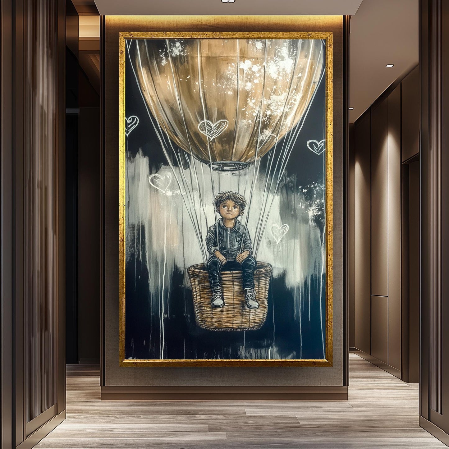 Graffiti-Style Hot Air Balloon Art, Dreamy Adventure Wall Decor , Boy in Balloon Painting, Black and Gold Fantasy Artwork, Urban Street Art