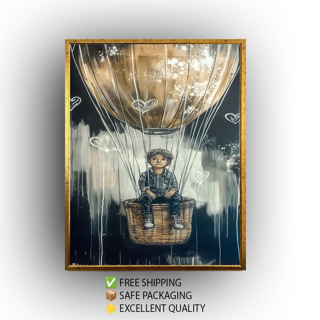 Graffiti-Style Hot Air Balloon Art, Dreamy Adventure Wall Decor , Boy in Balloon Painting, Black and Gold Fantasy Artwork, Urban Street Art