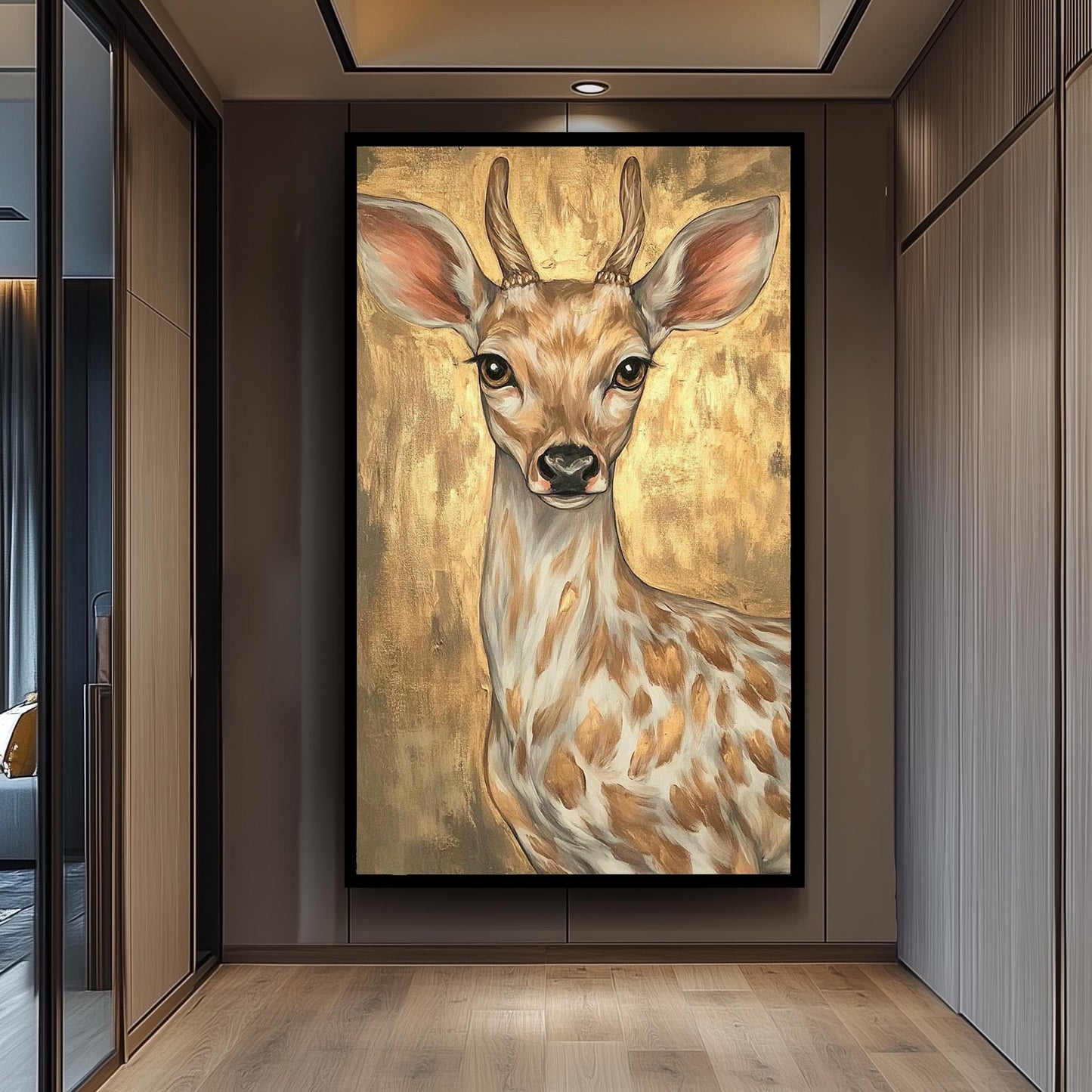 Golden Deer Painting on Canvas, Elegant Wildlife Wall Art, Hand Painted Animal Artwork, Modern Gold Home Decor, Rustic Nature Gift for Her