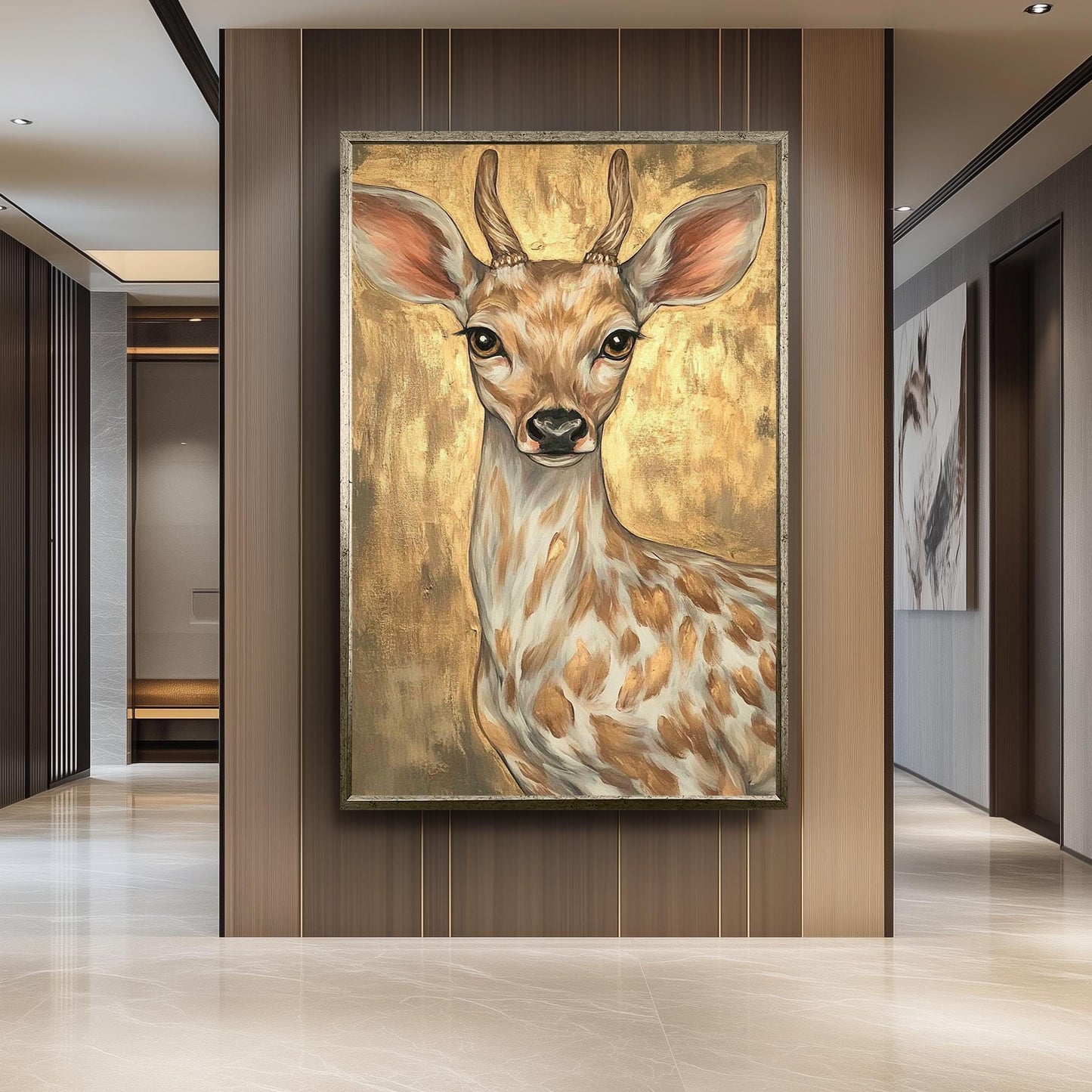 Golden Deer Painting on Canvas, Elegant Wildlife Wall Art, Hand Painted Animal Artwork, Modern Gold Home Decor, Rustic Nature Gift for Her