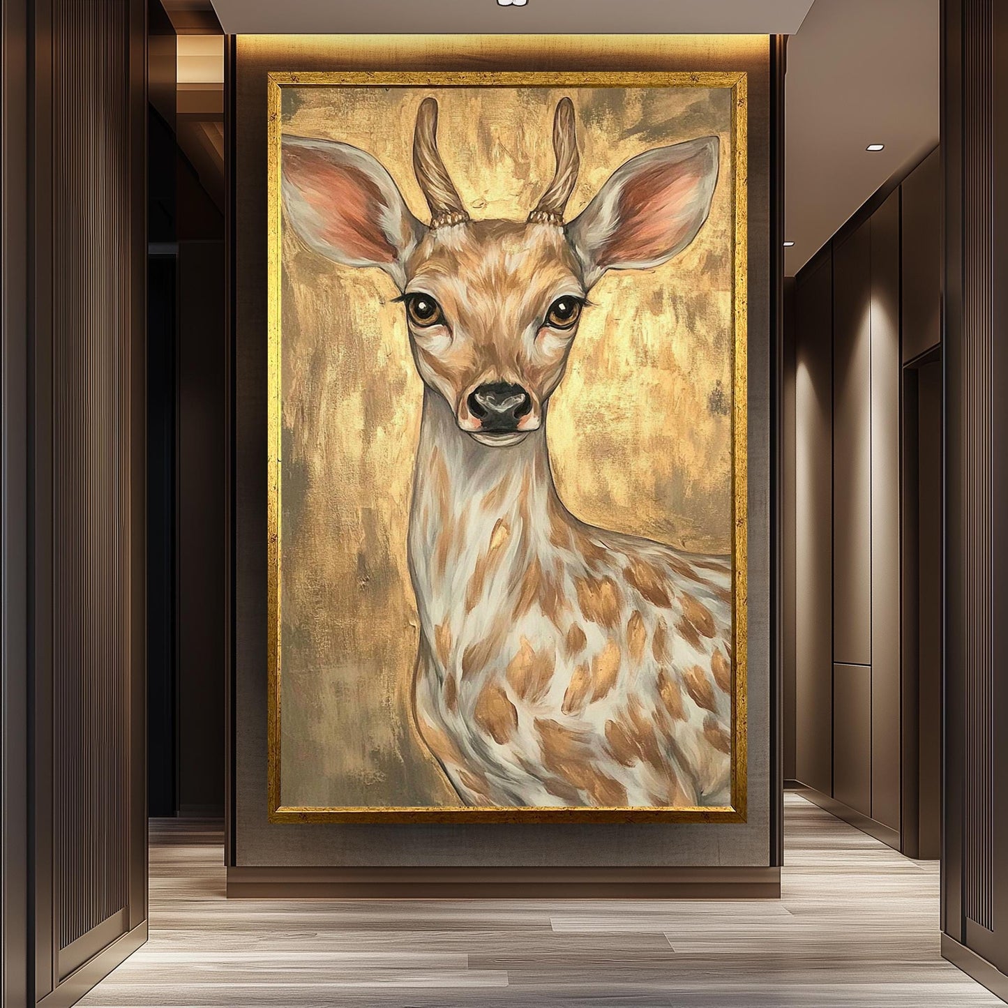 Golden Deer Painting on Canvas, Elegant Wildlife Wall Art, Hand Painted Animal Artwork, Modern Gold Home Decor, Rustic Nature Gift for Her