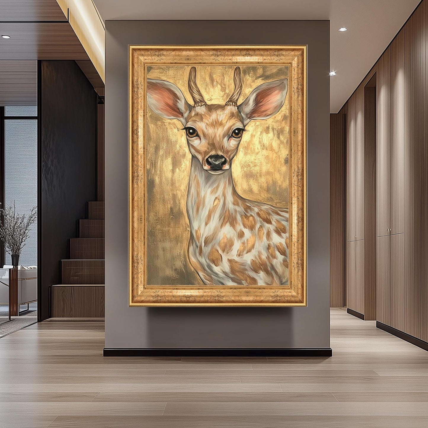 Golden Deer Painting on Canvas, Elegant Wildlife Wall Art, Hand Painted Animal Artwork, Modern Gold Home Decor, Rustic Nature Gift for Her