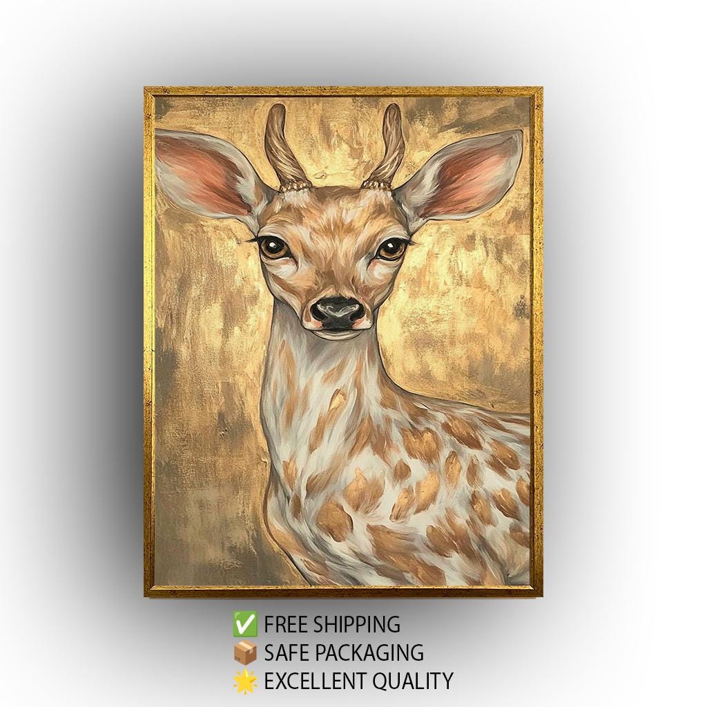 Golden Deer Painting on Canvas, Elegant Wildlife Wall Art, Hand Painted Animal Artwork, Modern Gold Home Decor, Rustic Nature Gift for Her