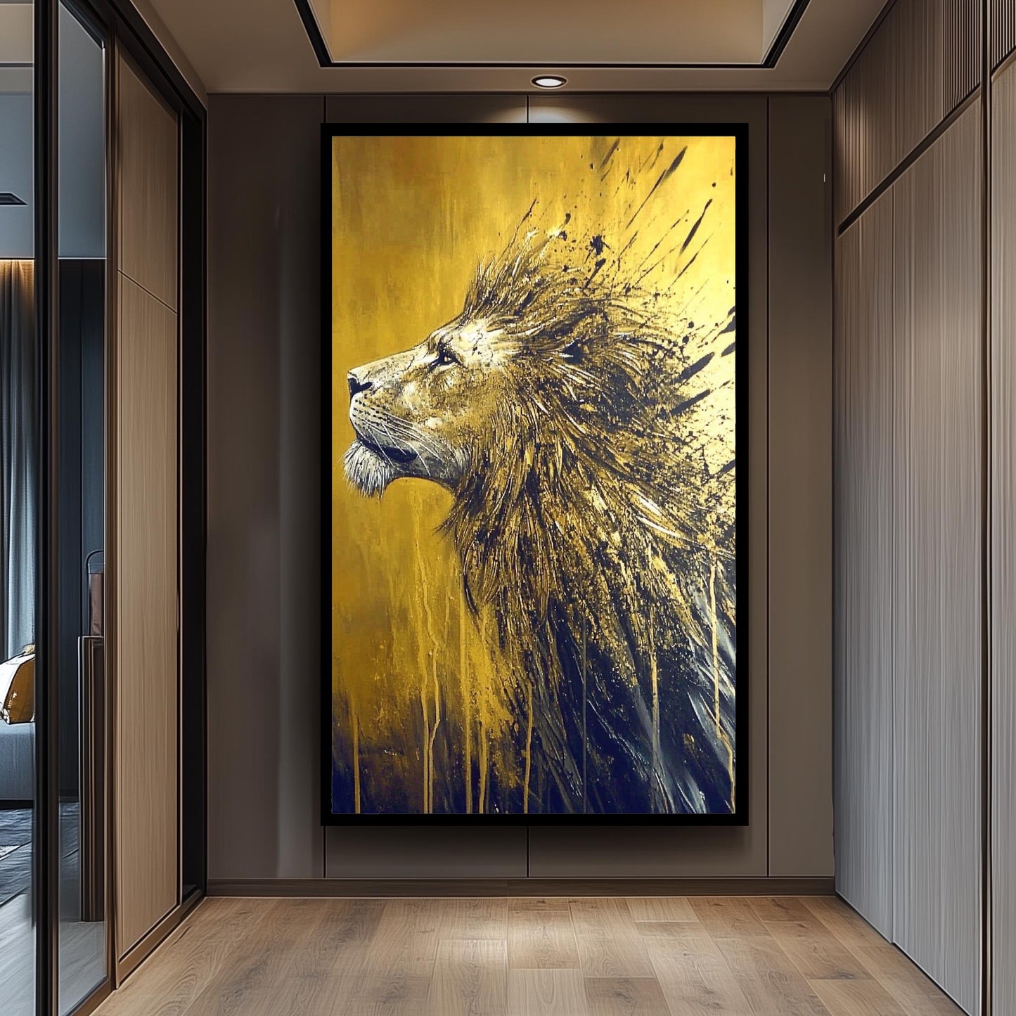 Golden Lion Abstract Painting, Majestic Animal Wall Art, Hand Painted Modern Wildlife Canvas, Bold Gold and Black Decor, Regal Lion Gift