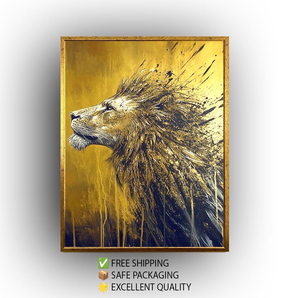 Golden Lion Abstract Painting, Majestic Animal Wall Art, Hand Painted Modern Wildlife Canvas, Bold Gold and Black Decor, Regal Lion Gift