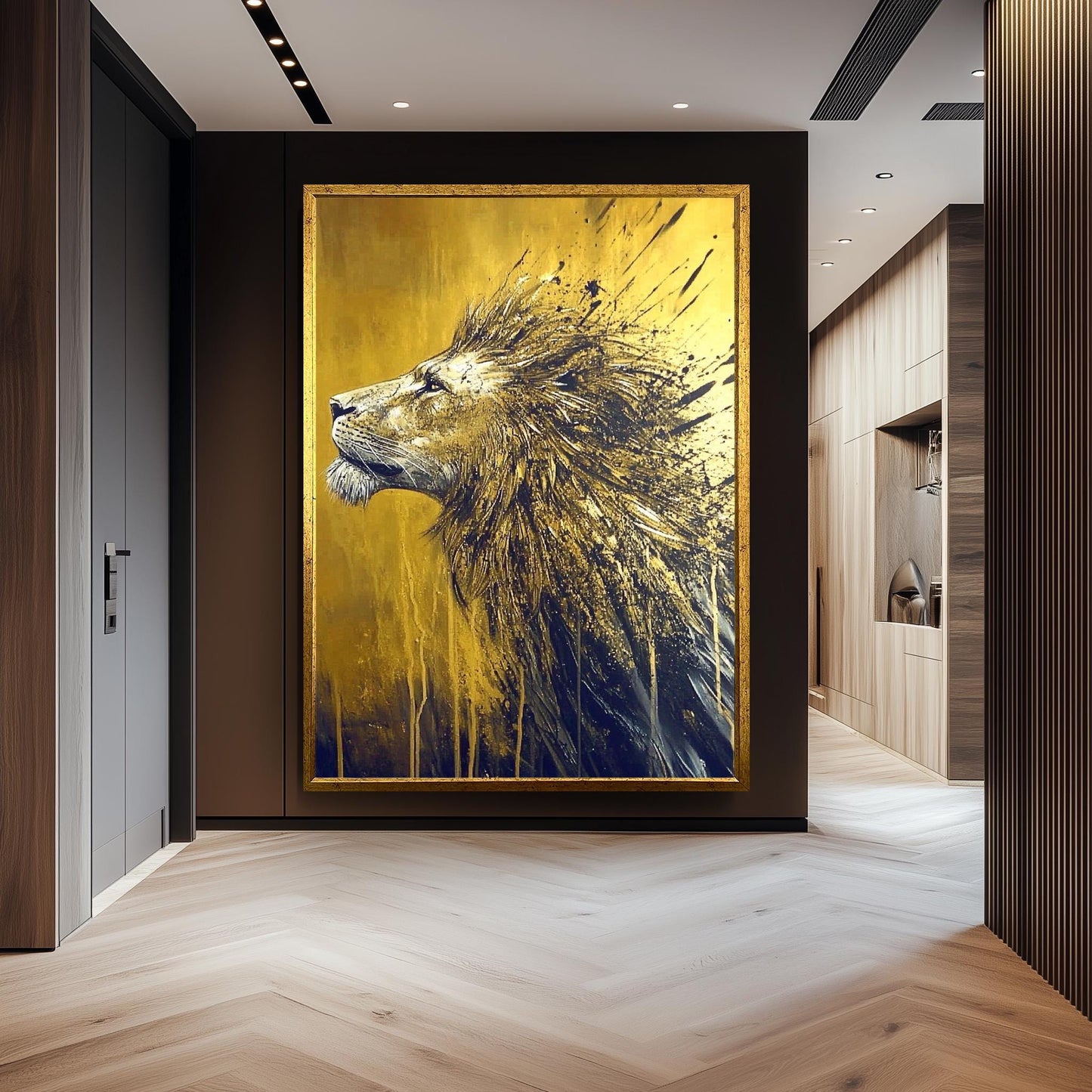 Golden Lion Abstract Painting, Majestic Animal Wall Art, Hand Painted Modern Wildlife Canvas, Bold Gold and Black Decor, Regal Lion Gift