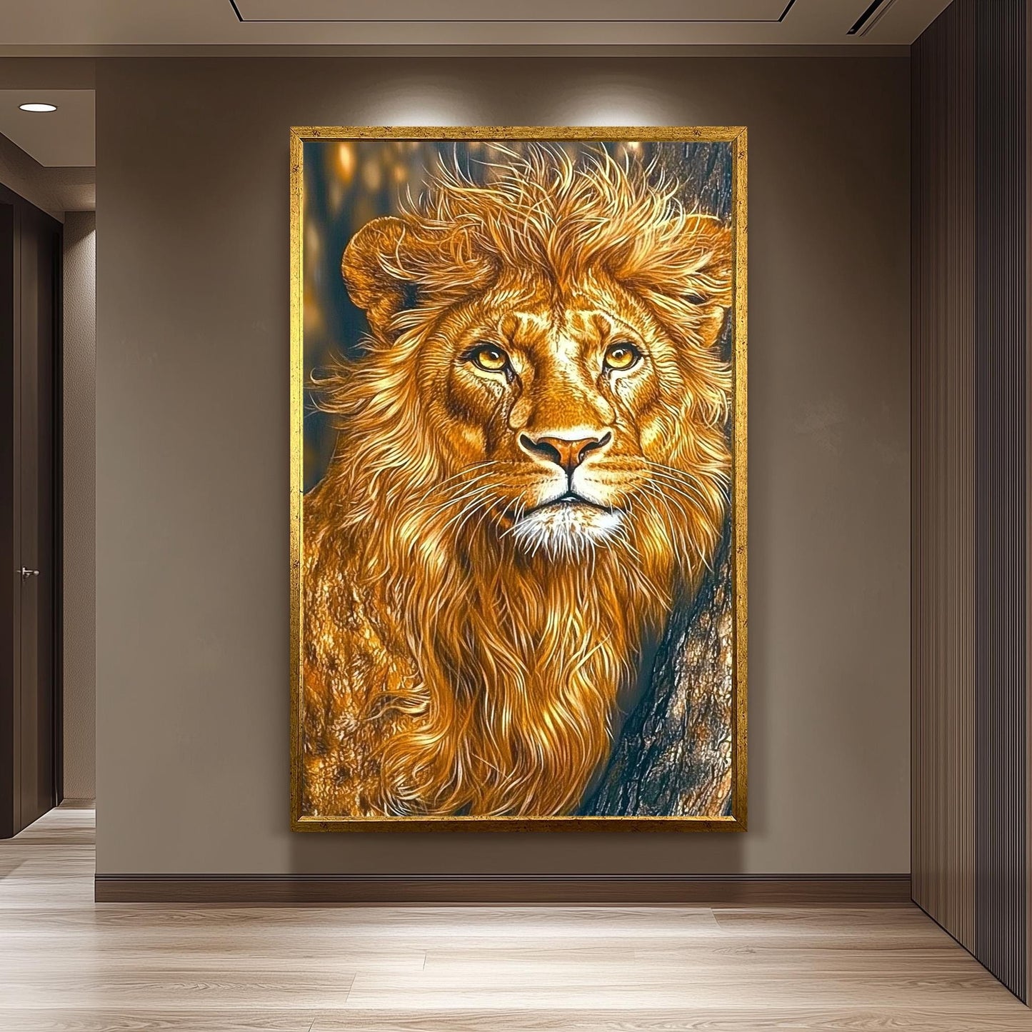 Golden Lion Portrait Painting, Majestic Wildlife Wall Art, Hand Painted Realistic Lion Canvas, Regal Animal Artwork, Bold Safari Home Decor