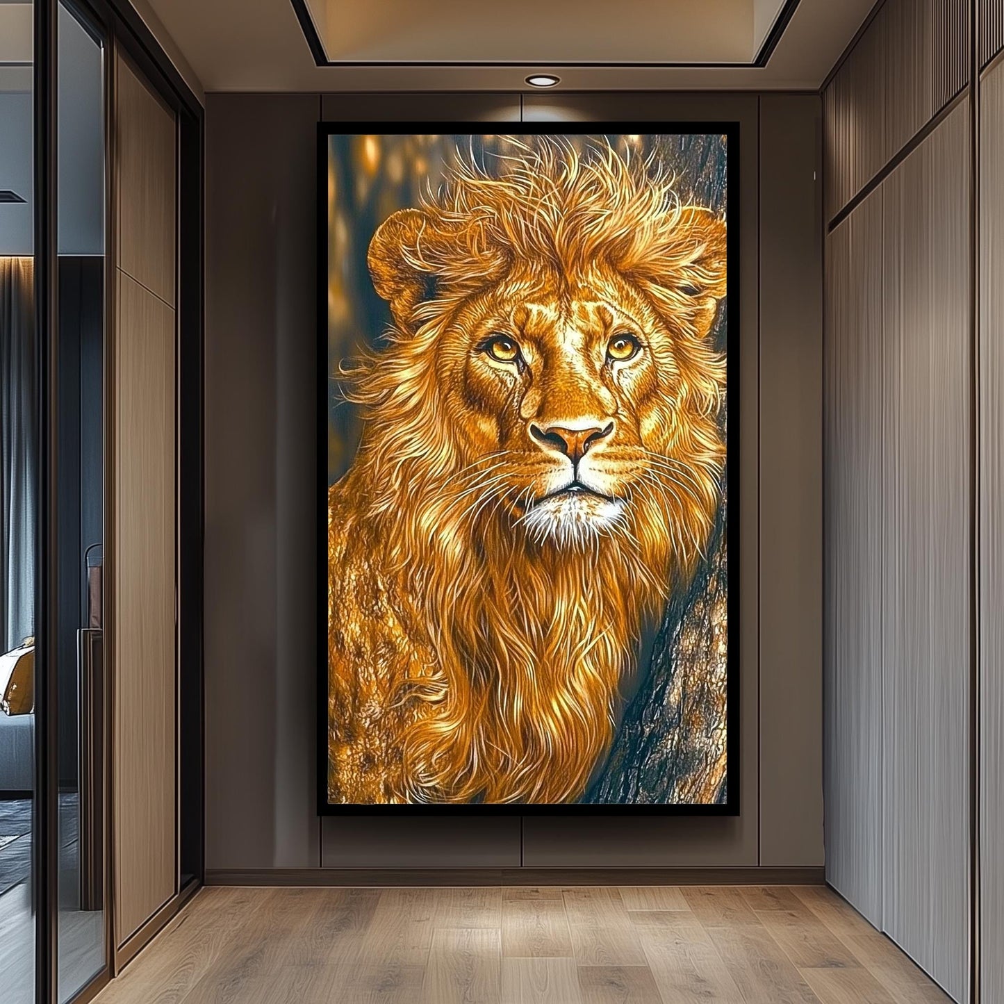 Golden Lion Portrait Painting, Majestic Wildlife Wall Art, Hand Painted Realistic Lion Canvas, Regal Animal Artwork, Bold Safari Home Decor