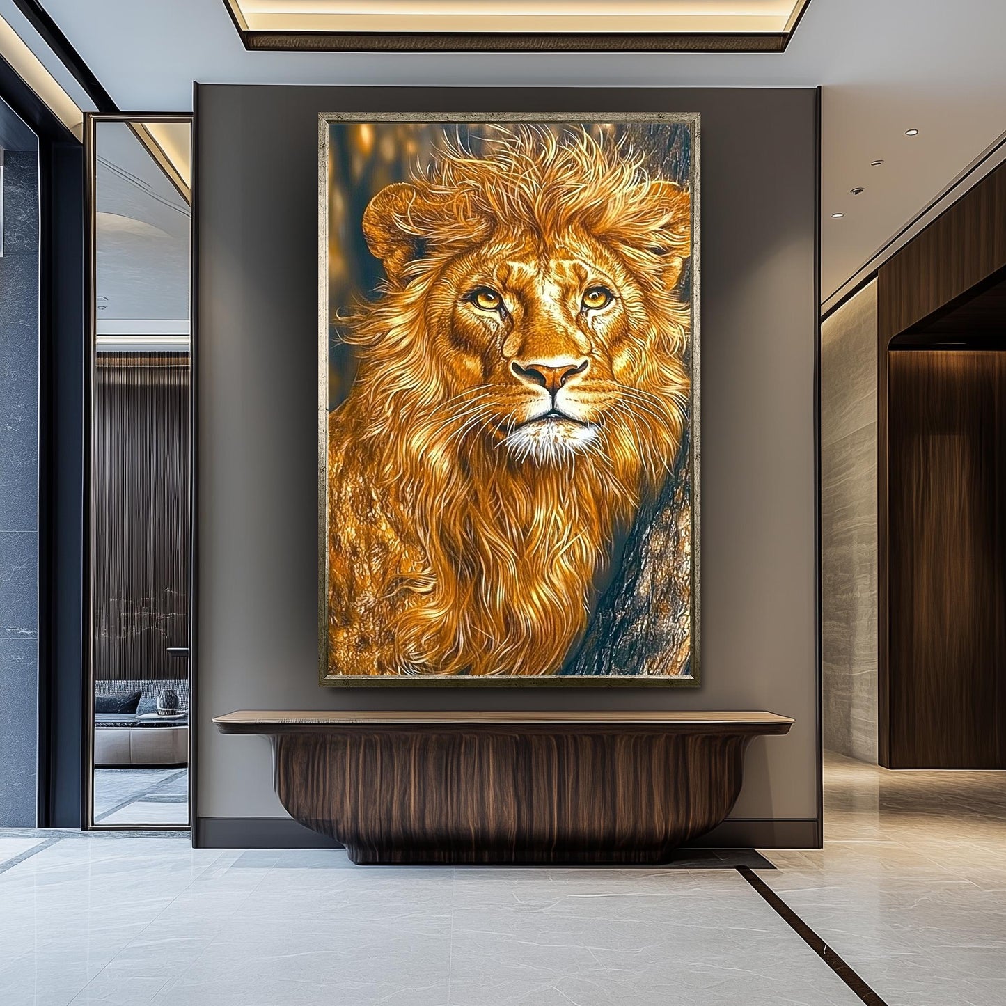 Golden Lion Portrait Painting, Majestic Wildlife Wall Art, Hand Painted Realistic Lion Canvas, Regal Animal Artwork, Bold Safari Home Decor