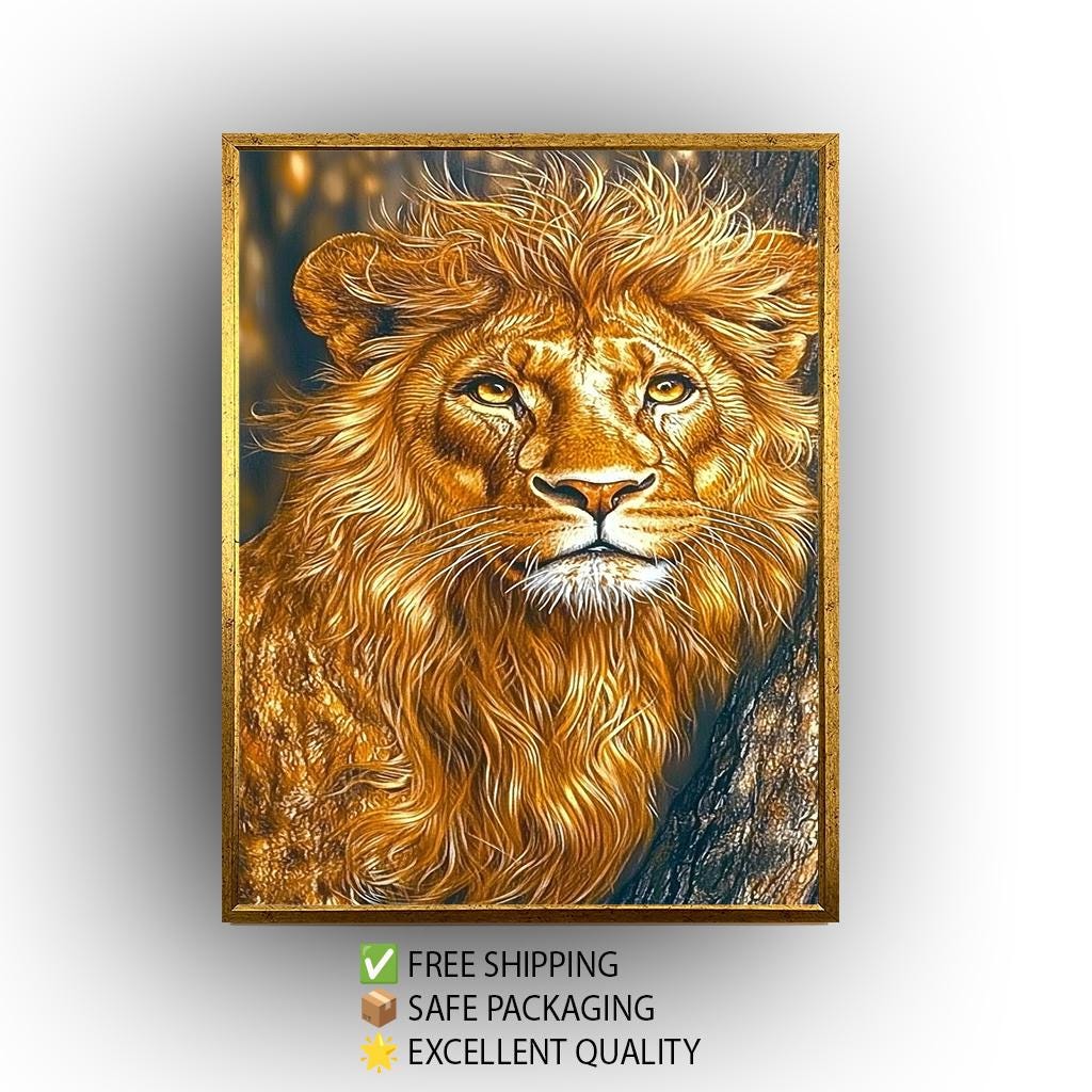 Golden Lion Portrait Painting, Majestic Wildlife Wall Art, Hand Painted Realistic Lion Canvas, Regal Animal Artwork, Bold Safari Home Decor