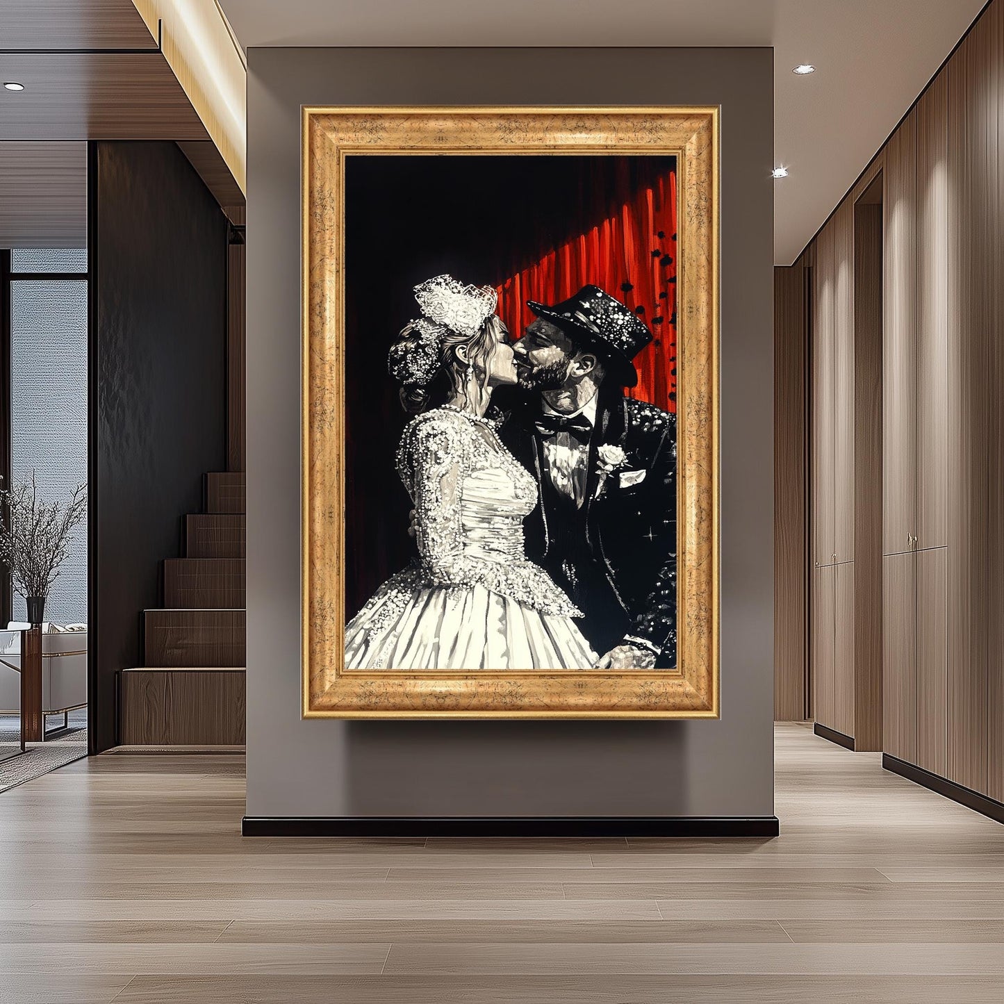 Elegant Wedding Couple Painting, Romantic Black and White Art, Hand Painted Bride and Groom Canvas, Classic Love Portrait, Unique Gift