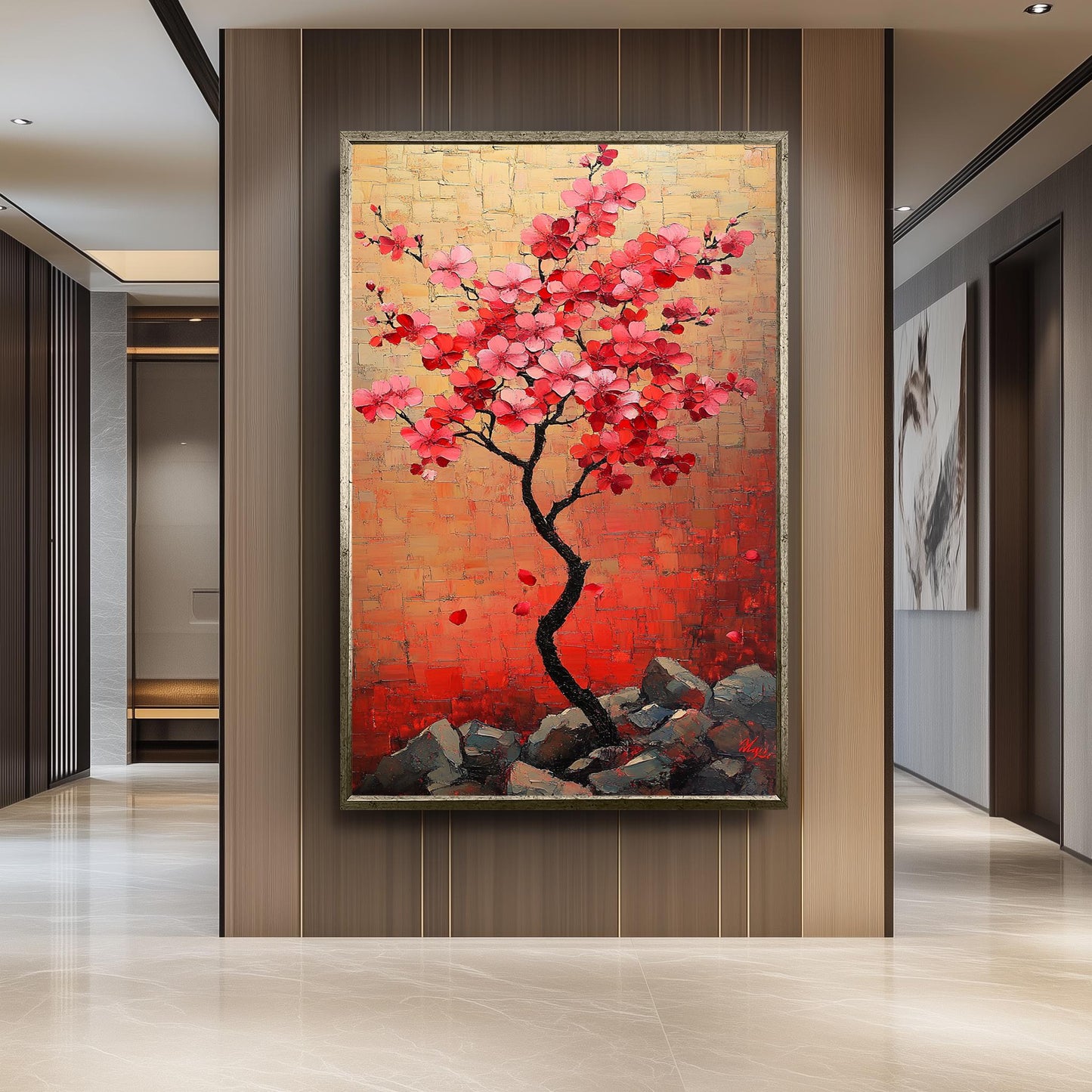 Cherry Blossom Tree Painting, Japanese Sakura Wall Art, Hand Painted Floral Canvas, Textured Blossom Artwork, Elegant Nature Home Decor