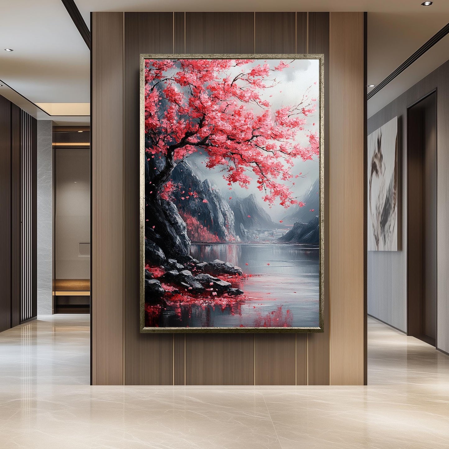 Japanese Cherry Blossom Painting, Tranquil Sakura Landscape Art, Sakura Wall Art Nature Canvas, Textured Floral Wall Decor, Zen Home Gift